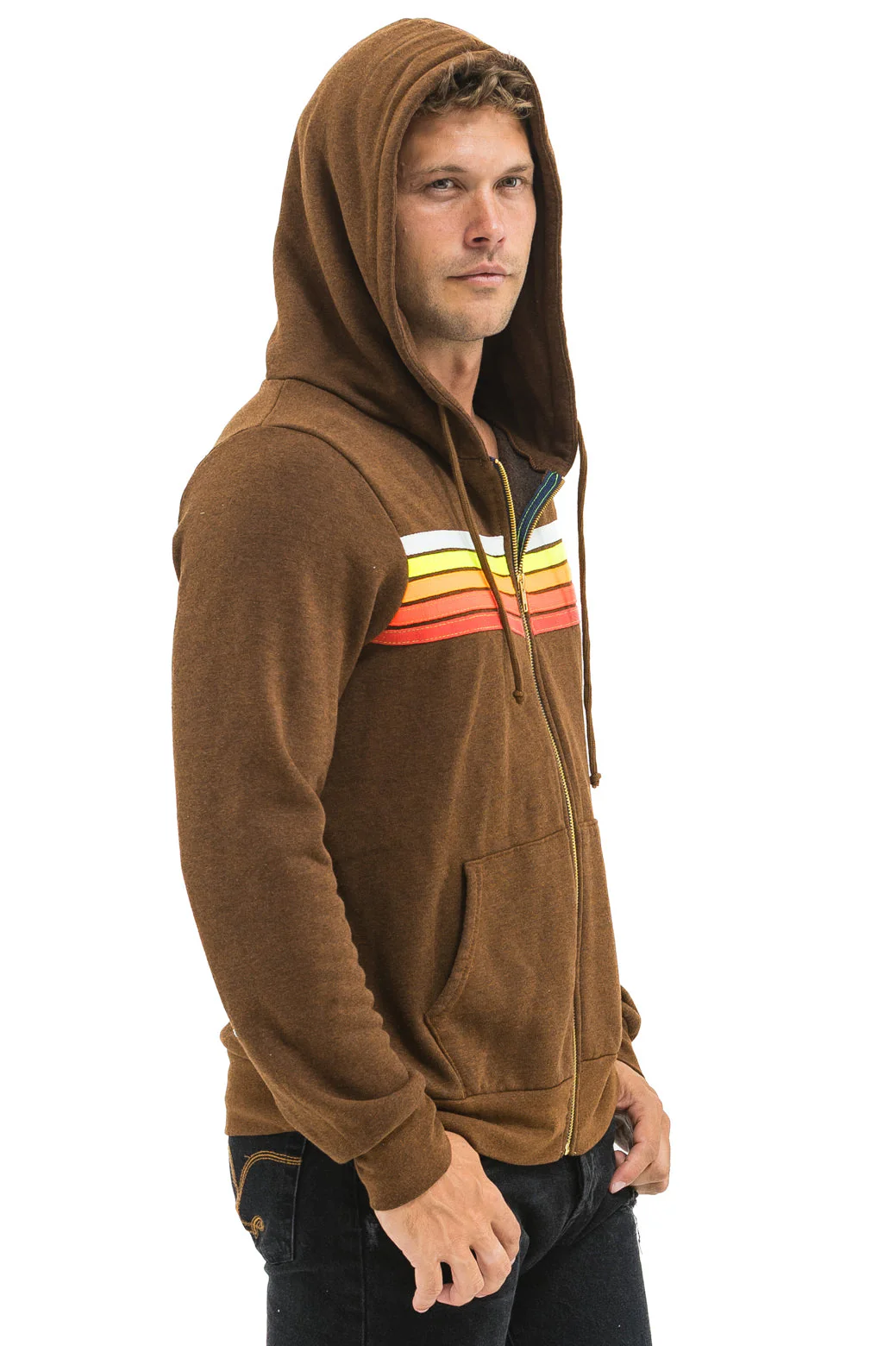 Aviator Nation - 5 Stripe Zip Hoodie - Chocolate / White Neon - Image 8