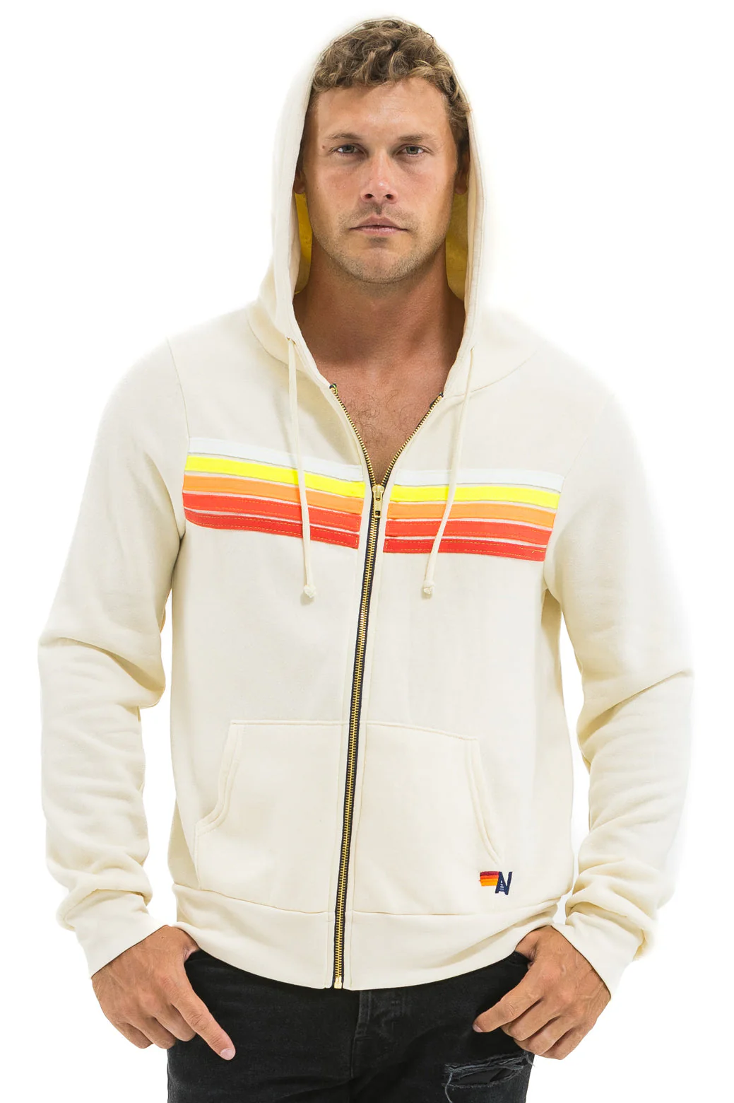 Aviator Nation - 5 Stripe Zip Hoodie - Vintage White / White Neon - Image 2