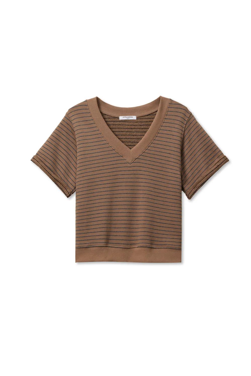 PerfectWhiteTee - Briggs Stripe French Terry V Neck Sweatshirt - Mocha Charcoal Stripe - Image 2