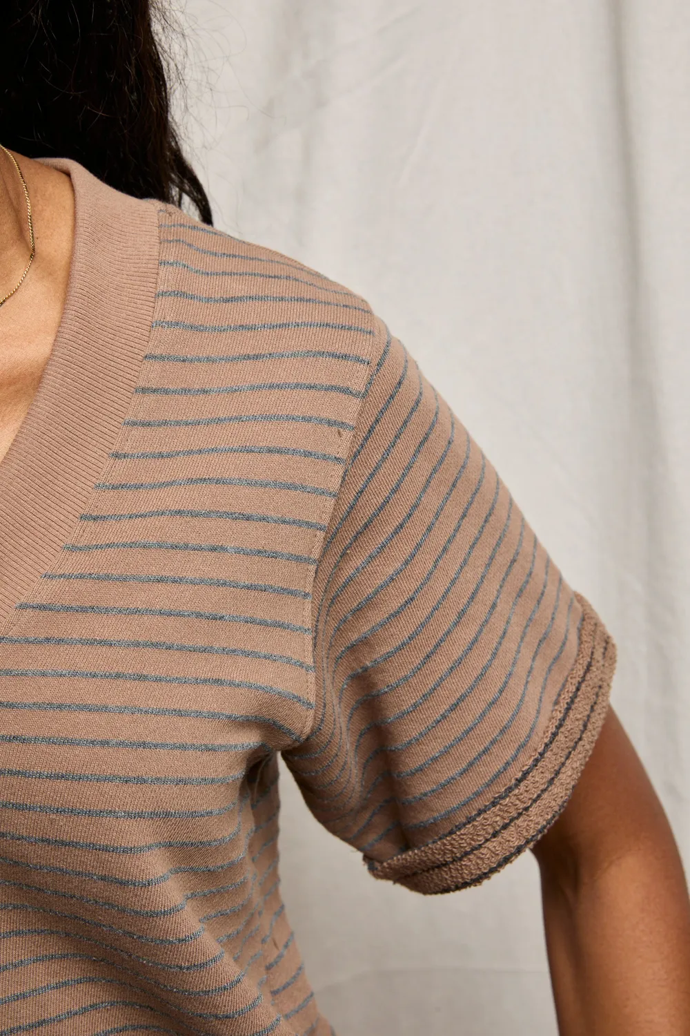 PerfectWhiteTee - Briggs Stripe French Terry V Neck Sweatshirt - Mocha Charcoal Stripe - Image 3