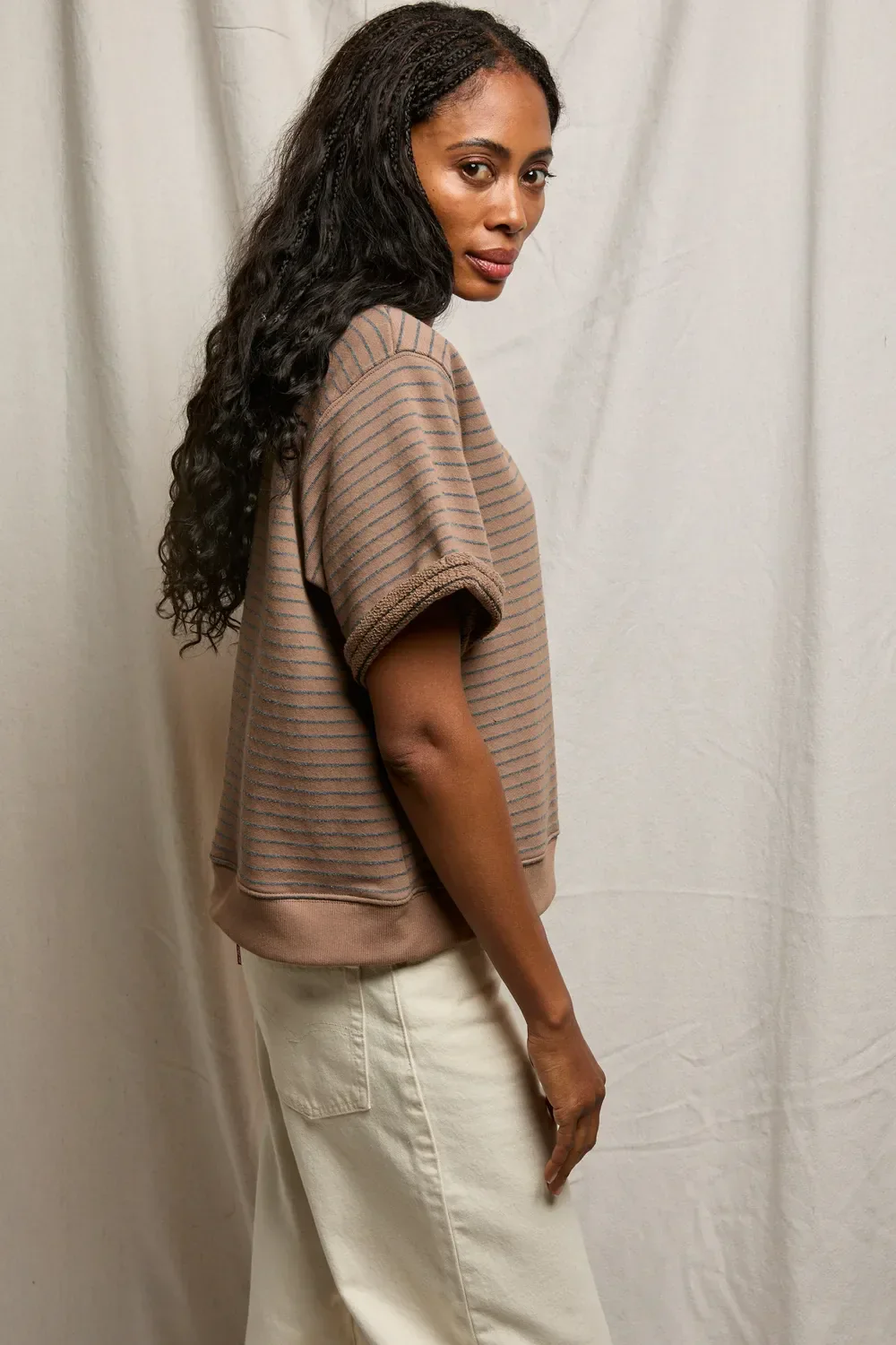 PerfectWhiteTee - Briggs Stripe French Terry V Neck Sweatshirt - Mocha Charcoal Stripe - Image 4