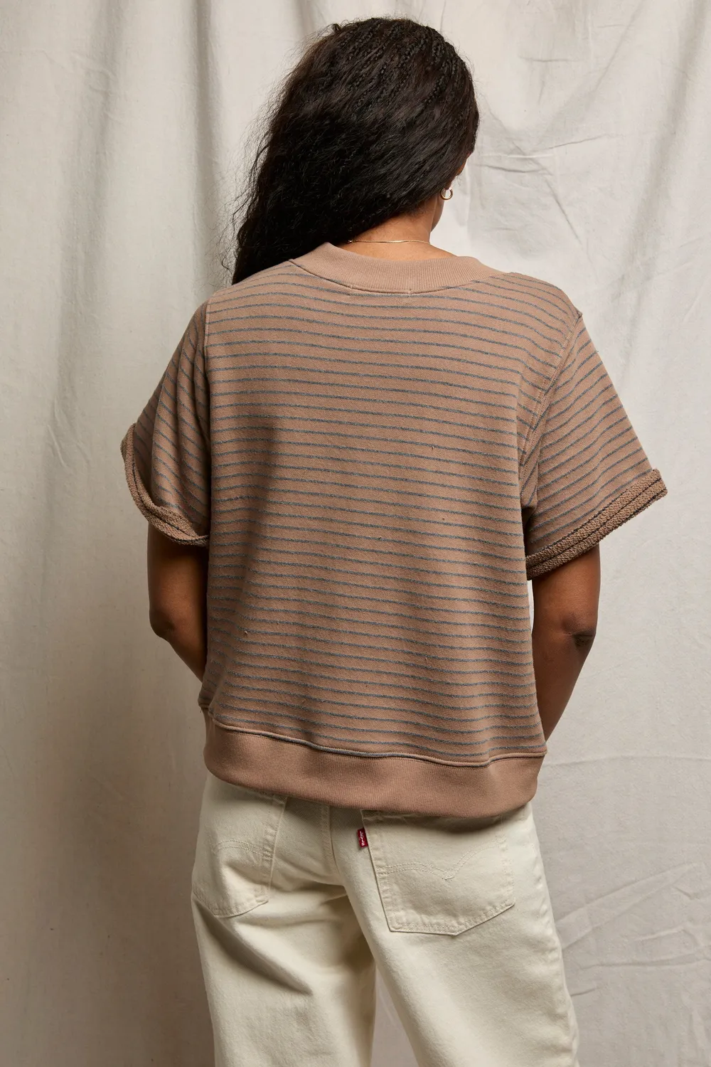 PerfectWhiteTee - Briggs Stripe French Terry V Neck Sweatshirt - Mocha Charcoal Stripe - Image 5