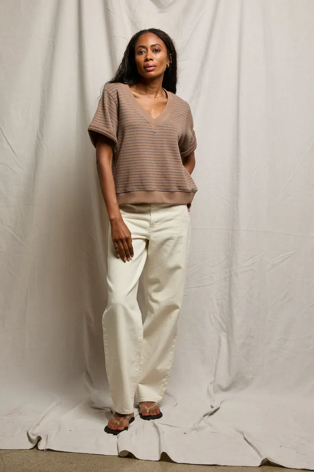PerfectWhiteTee - Briggs Stripe French Terry V Neck Sweatshirt - Mocha Charcoal Stripe - Image 6