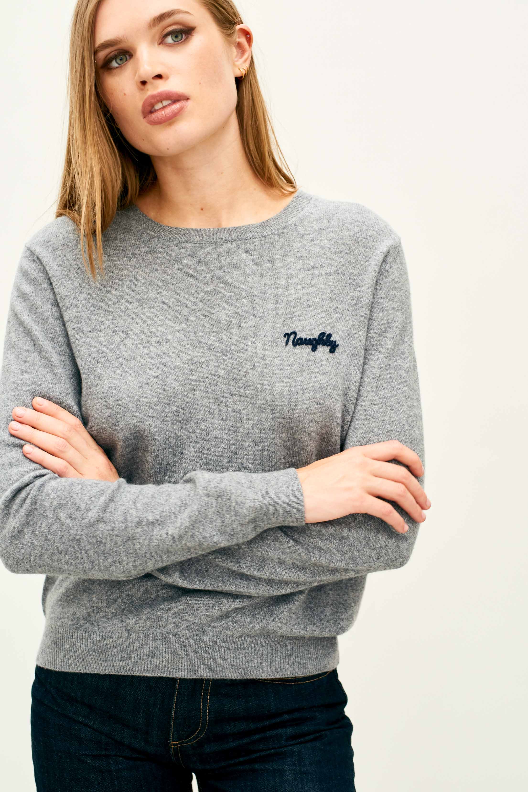 Jumper 1234 - Cashmere Naughty Crew - Mid Grey and Navy - Image 3
