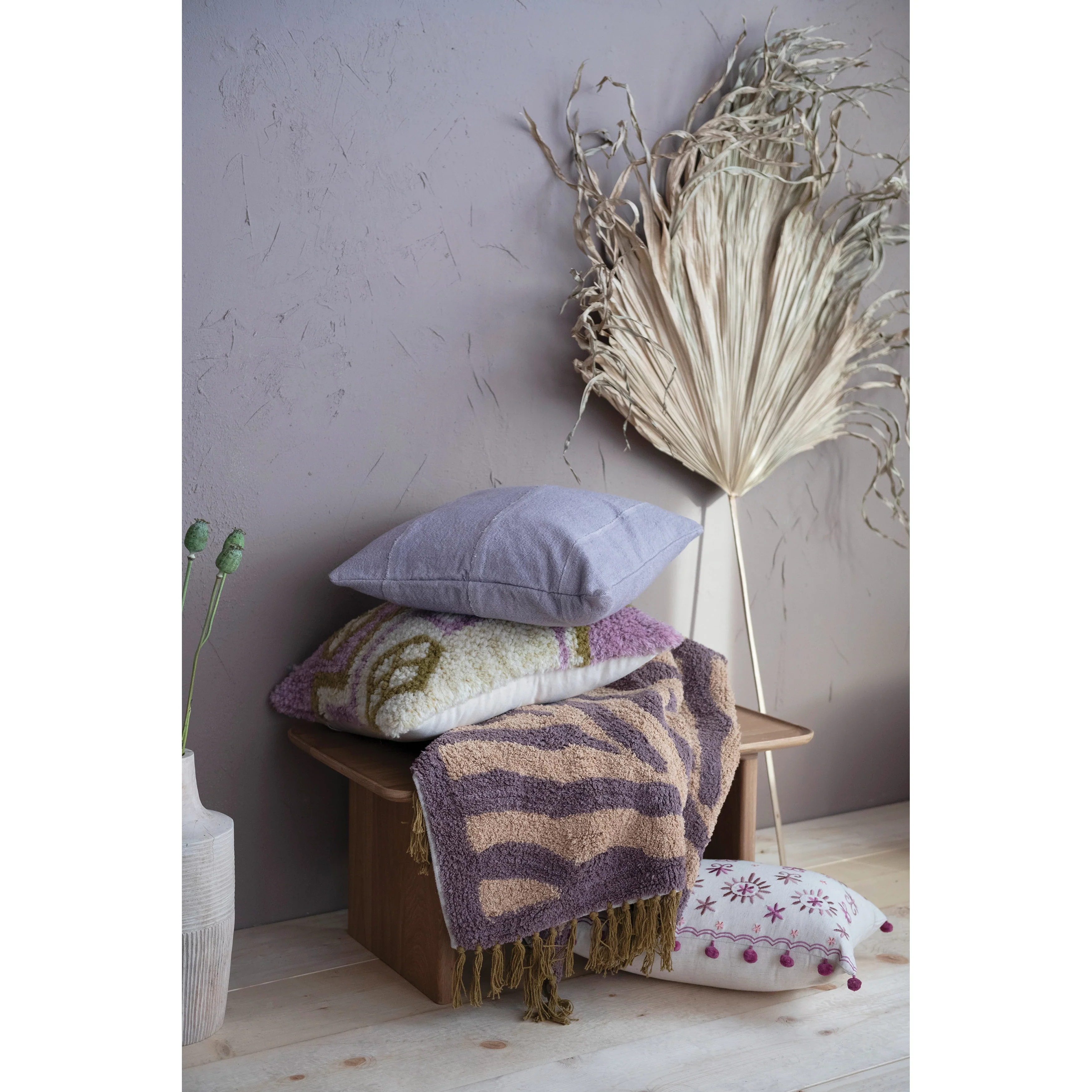 Cotton Linen Lumbar Pillow with Embroidery & Pom Poms - Image 2