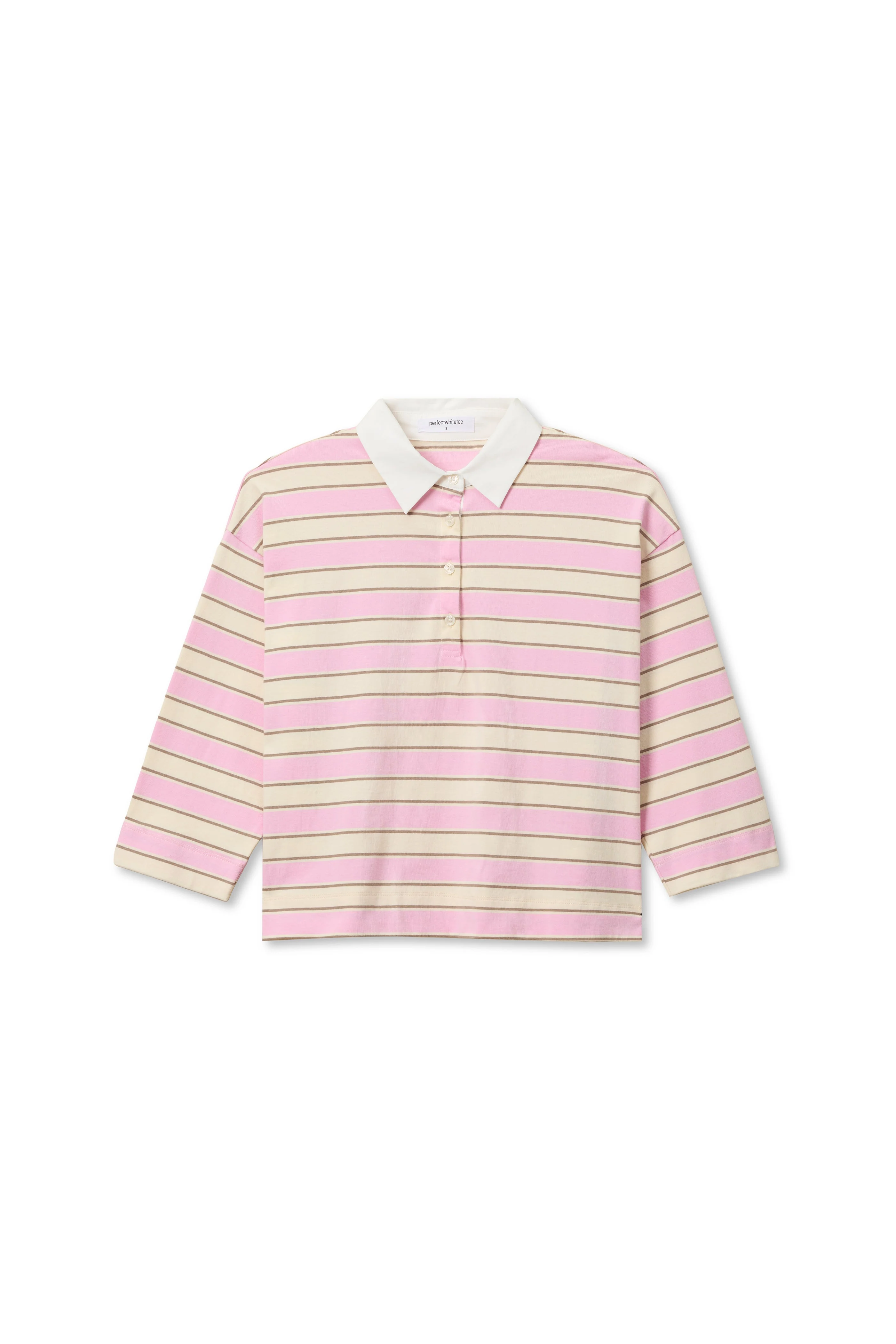 PerfectWhiteTee - Daria Cotton Collared Rugby Bracelet-Length Sleeve Shirt - Sugar Pink Mocha Stripe - Image 2