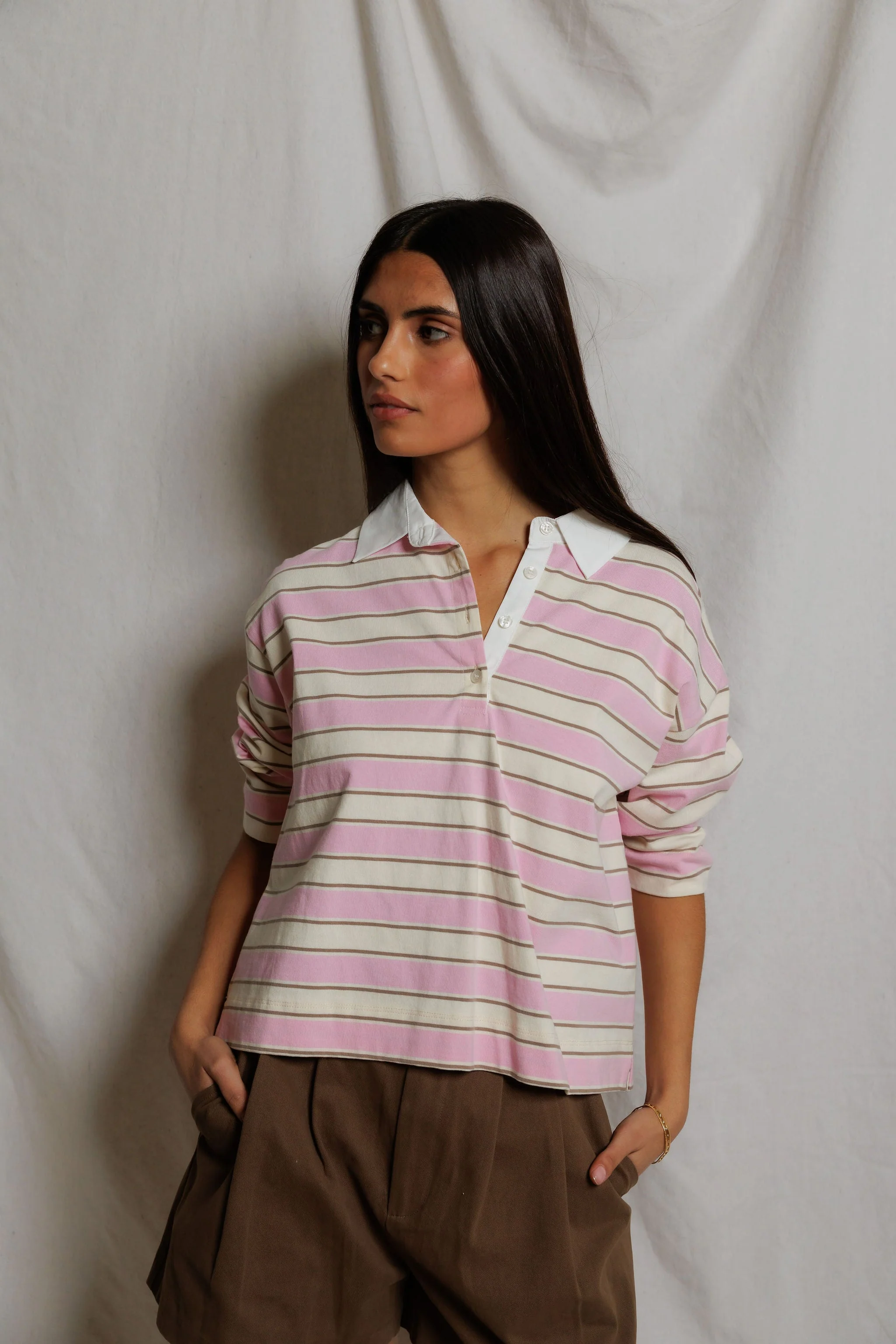 PerfectWhiteTee - Daria Cotton Collared Rugby Bracelet-Length Sleeve Shirt - Sugar Pink Mocha Stripe - Image 6