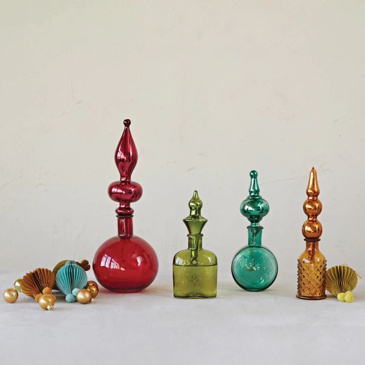 Decorative Glass Bottle w/ Mercury Finial Stopper, Green - Image 2