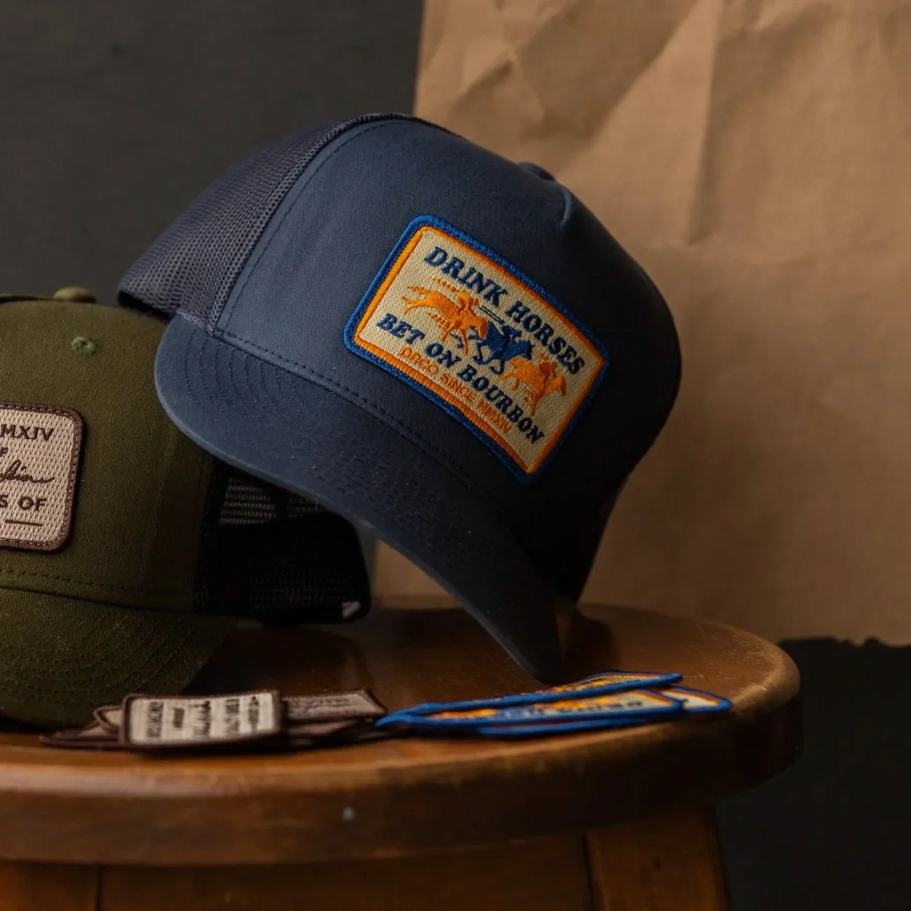 Drink Horses Bet on Bourbon Trucker Hat Navy - Image 10