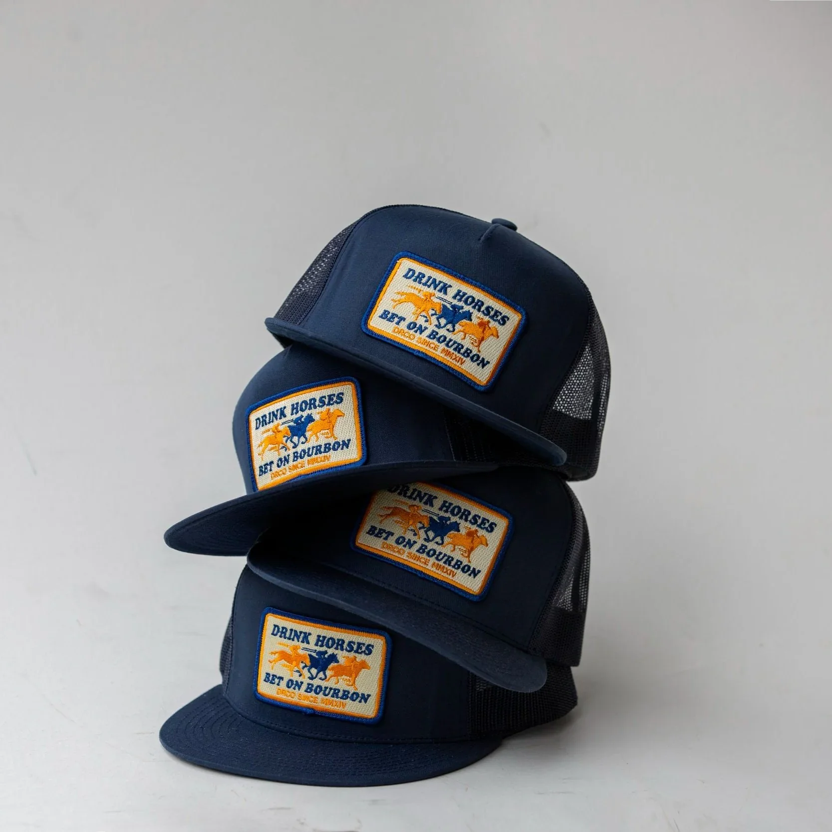 Drink Horses Bet on Bourbon Trucker Hat Navy - Image 13