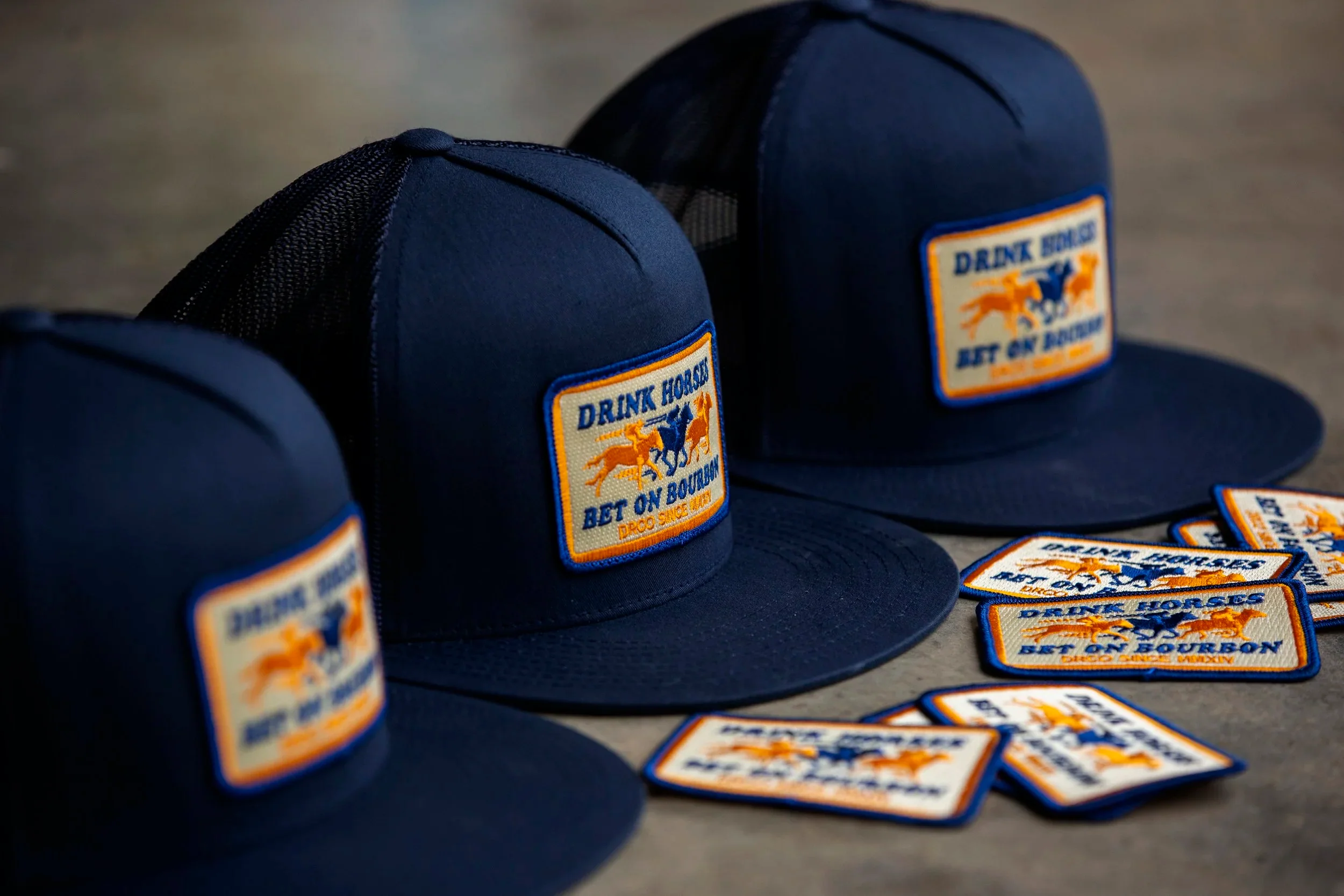 Drink Horses Bet on Bourbon Trucker Hat Navy - Image 14