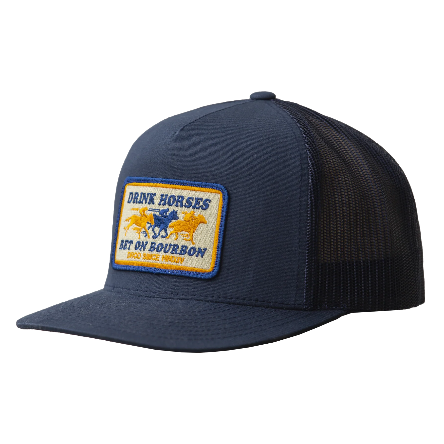 Drink Horses Bet on Bourbon Trucker Hat Navy - Image 4