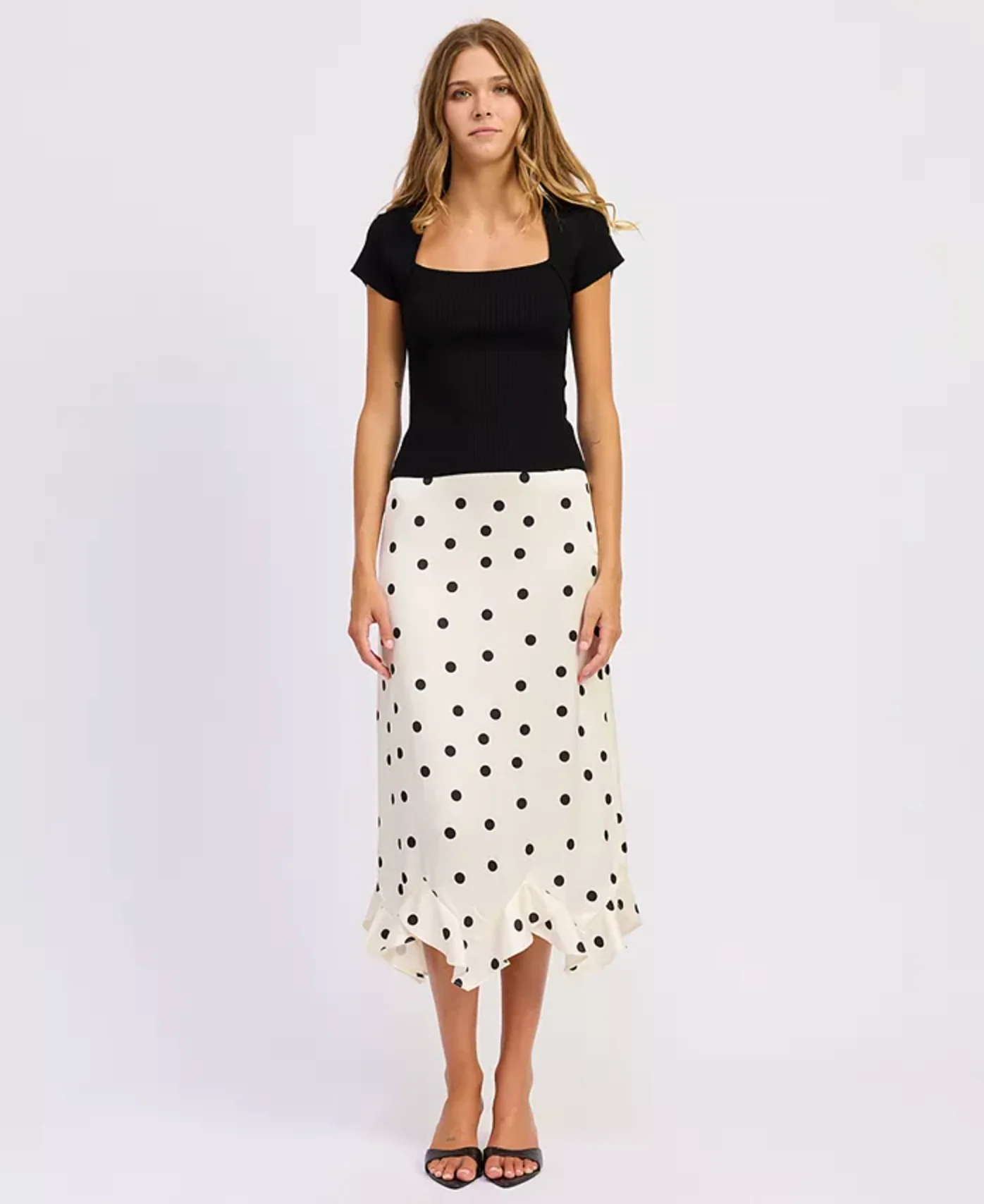 En Saison - Bias Satin Angle Ruffle Hem Maxi Slip Skirt - Ivory Black - Image 4
