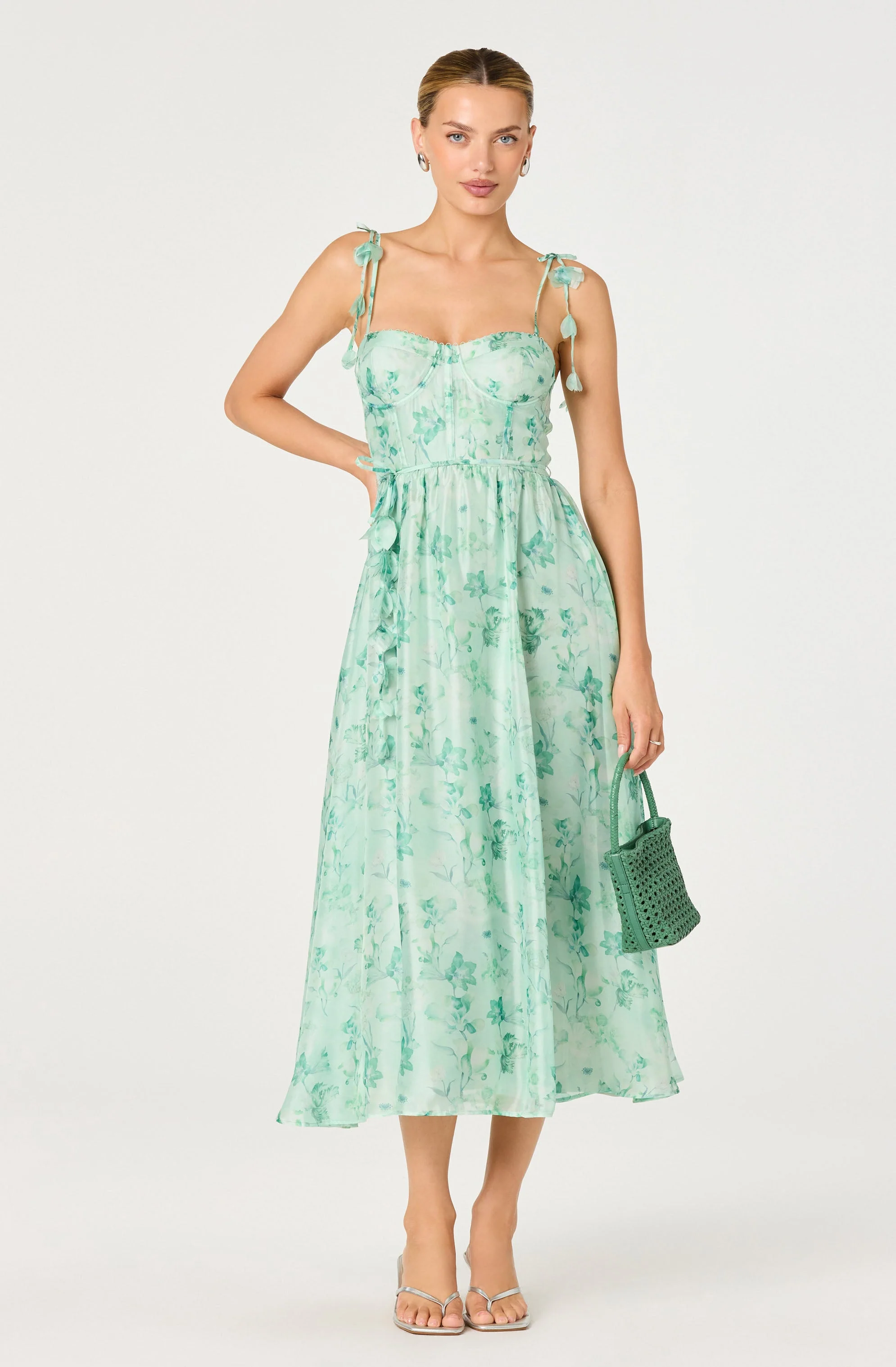 ASTR The Label - Halcyon Floral 3D Flower Appliqué Midi Dress - Green Floral