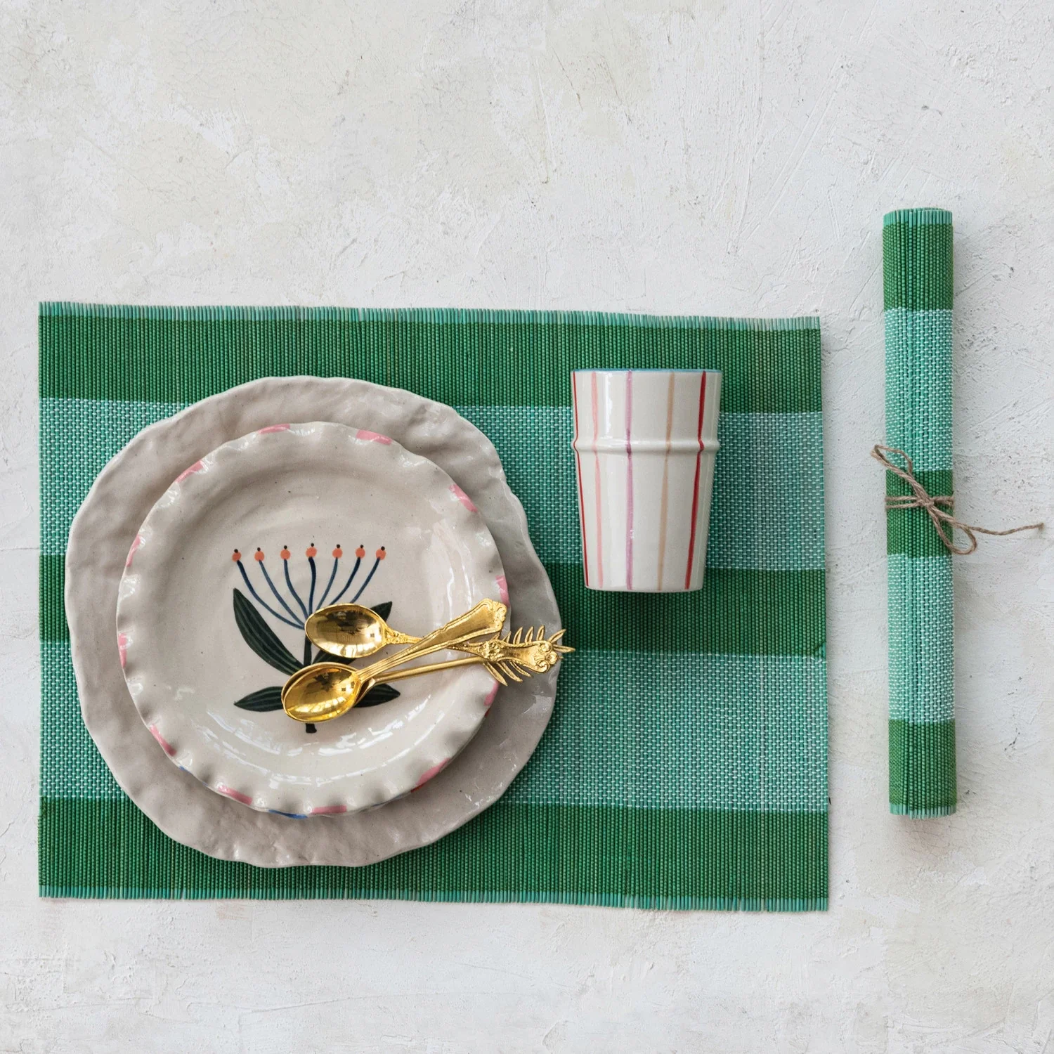 Hand-Woven Bamboo Placemat w/ Stripes, Teal & Green