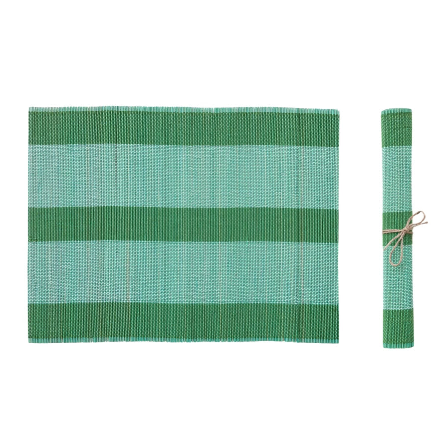 Hand-Woven Bamboo Placemat w/ Stripes, Teal & Green - Image 2