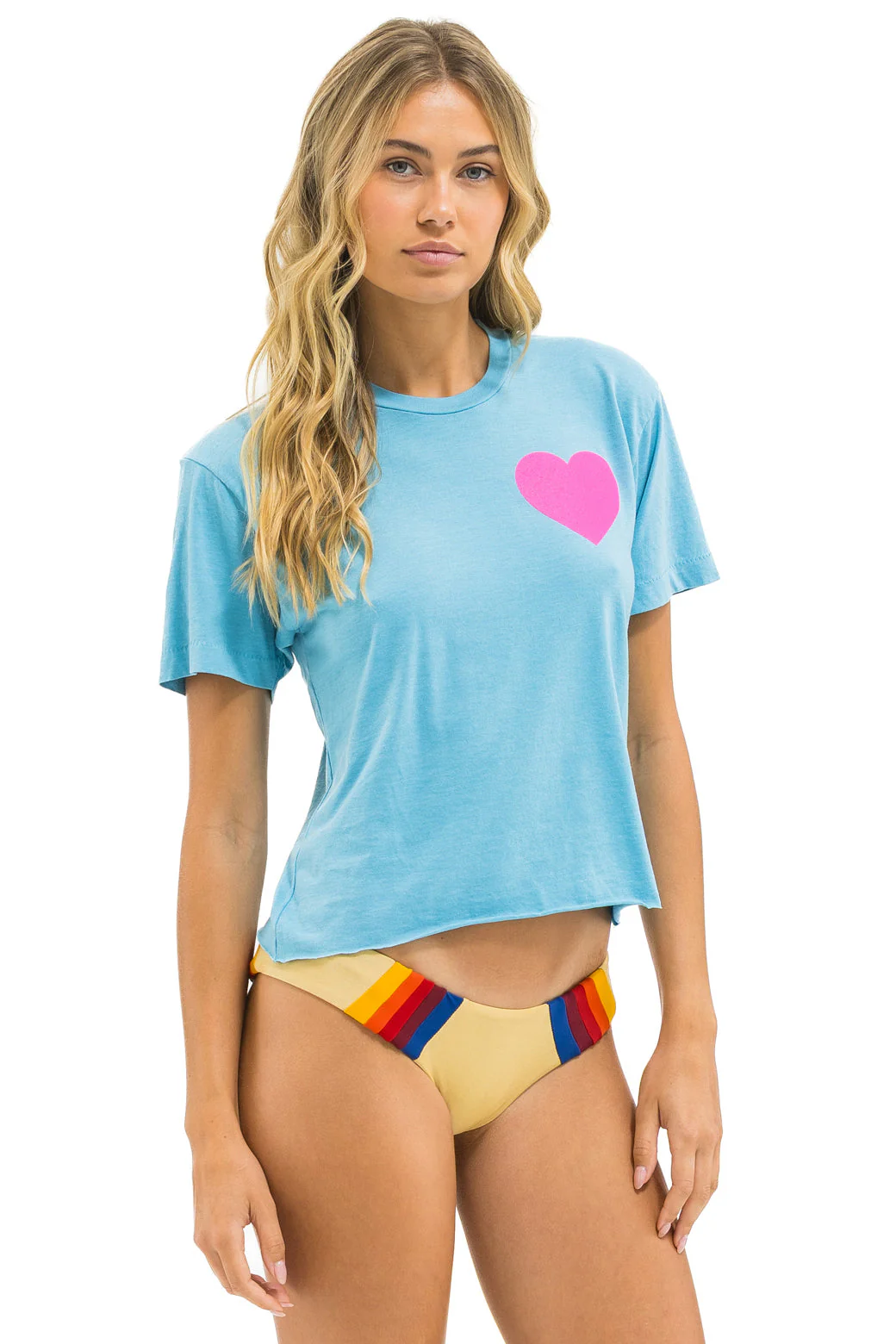 Aviator Nation - Heart Print Boyfriend Tee - Aqua / Neon Pink - Image 4