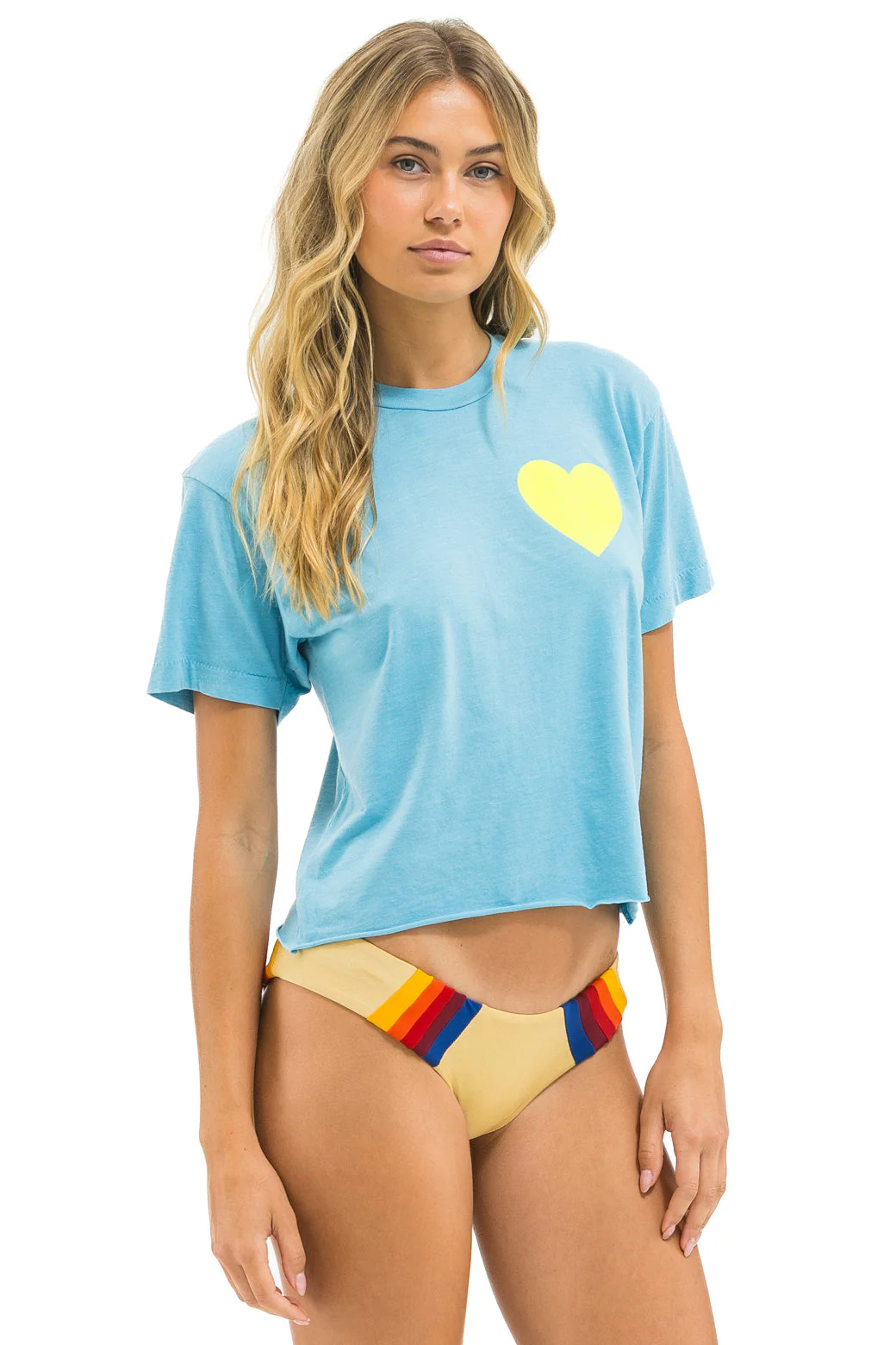 Aviator Nation - Heart Print Boyfriend Tee - Aqua / Neon Yellow - Image 4