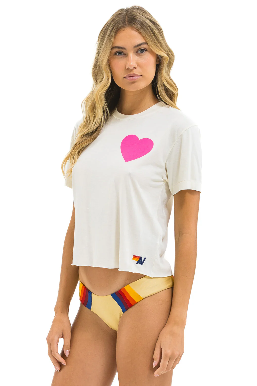 Aviator Nation - Heart Print Boyfriend Tee - Vintage White / Neon Pink - Image 2