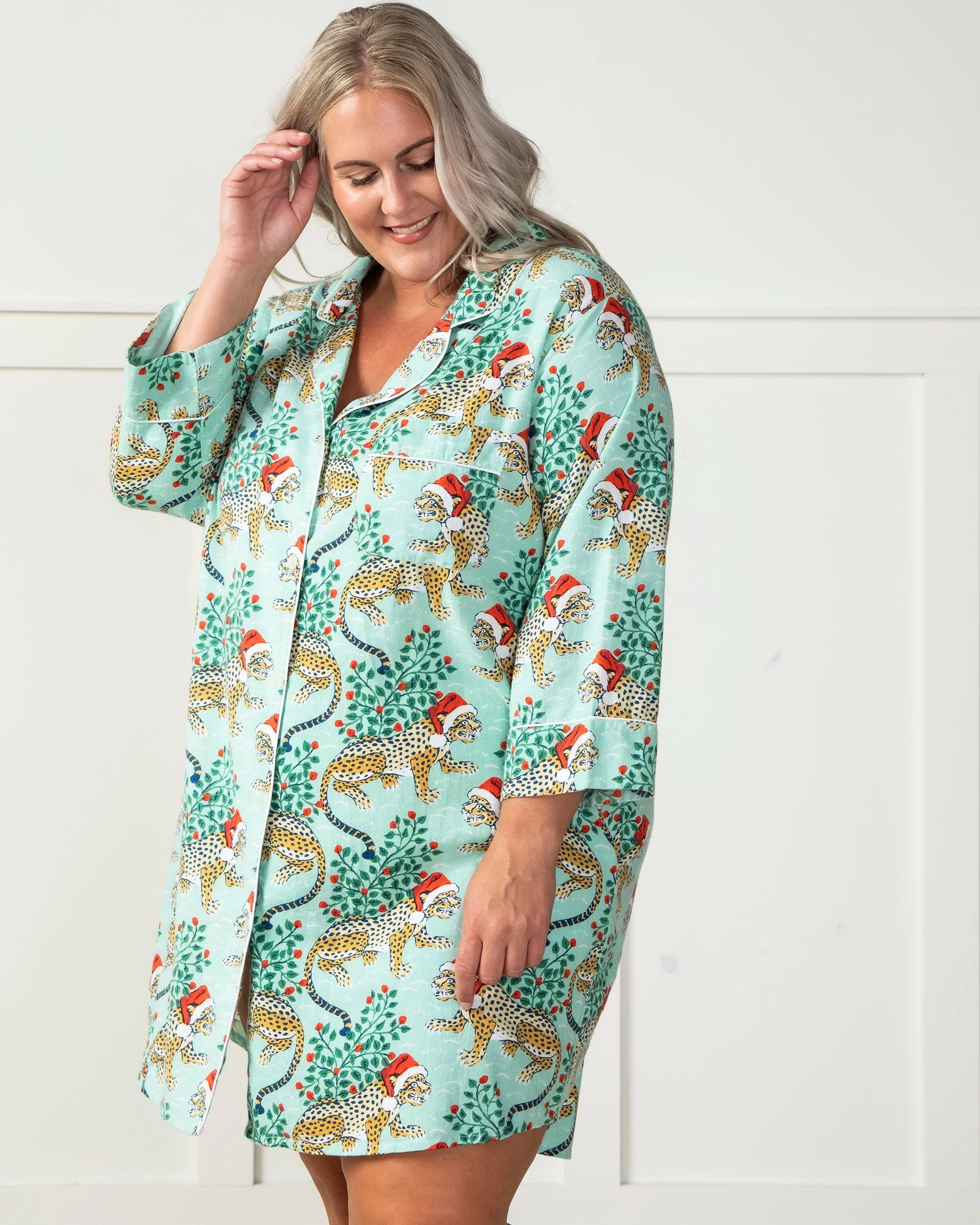 Printfresh - Holly Jolly Bagheera Flannel Sleep Shirt - Frosted Mint - Image 4