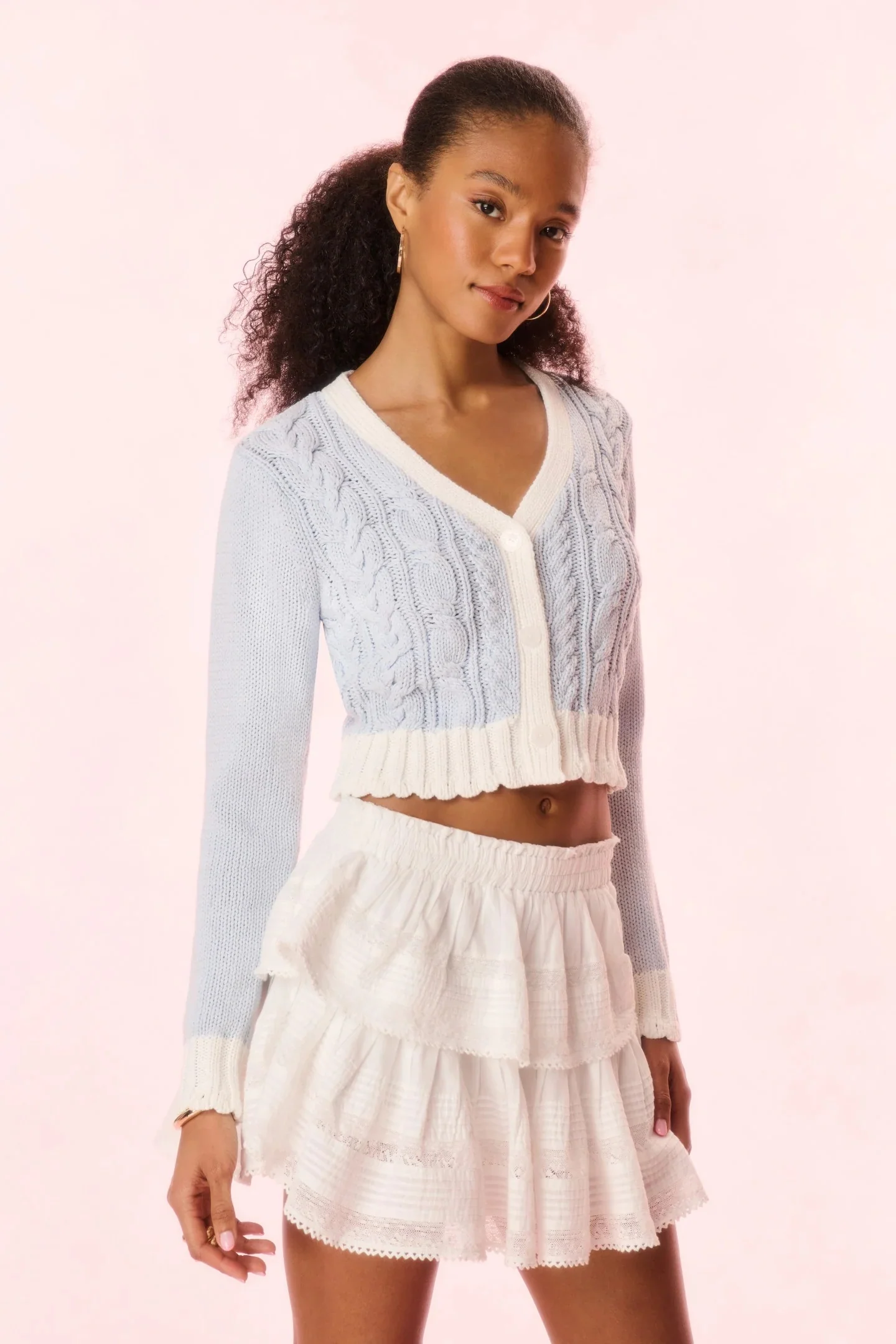 Loveshackfancy - Hyacinth Cropped Cable Knit Cardigan - Sugar Sky - Image 3