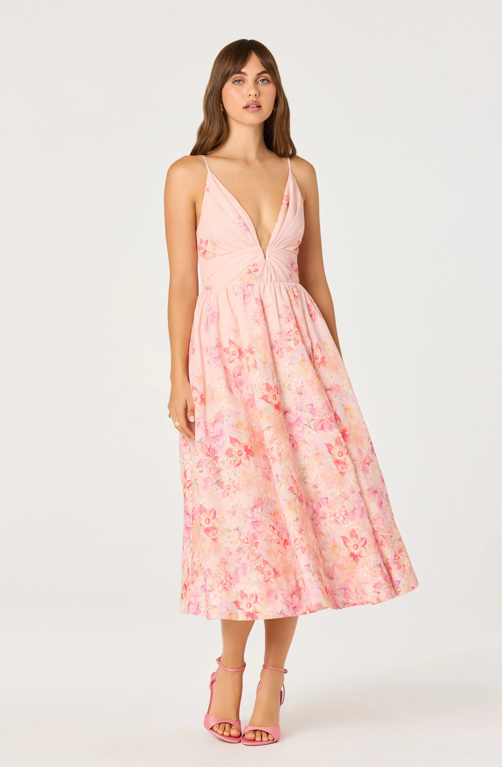 ASTR The Label - Janna Floral Plunge Midi Dress - Carnation Pink