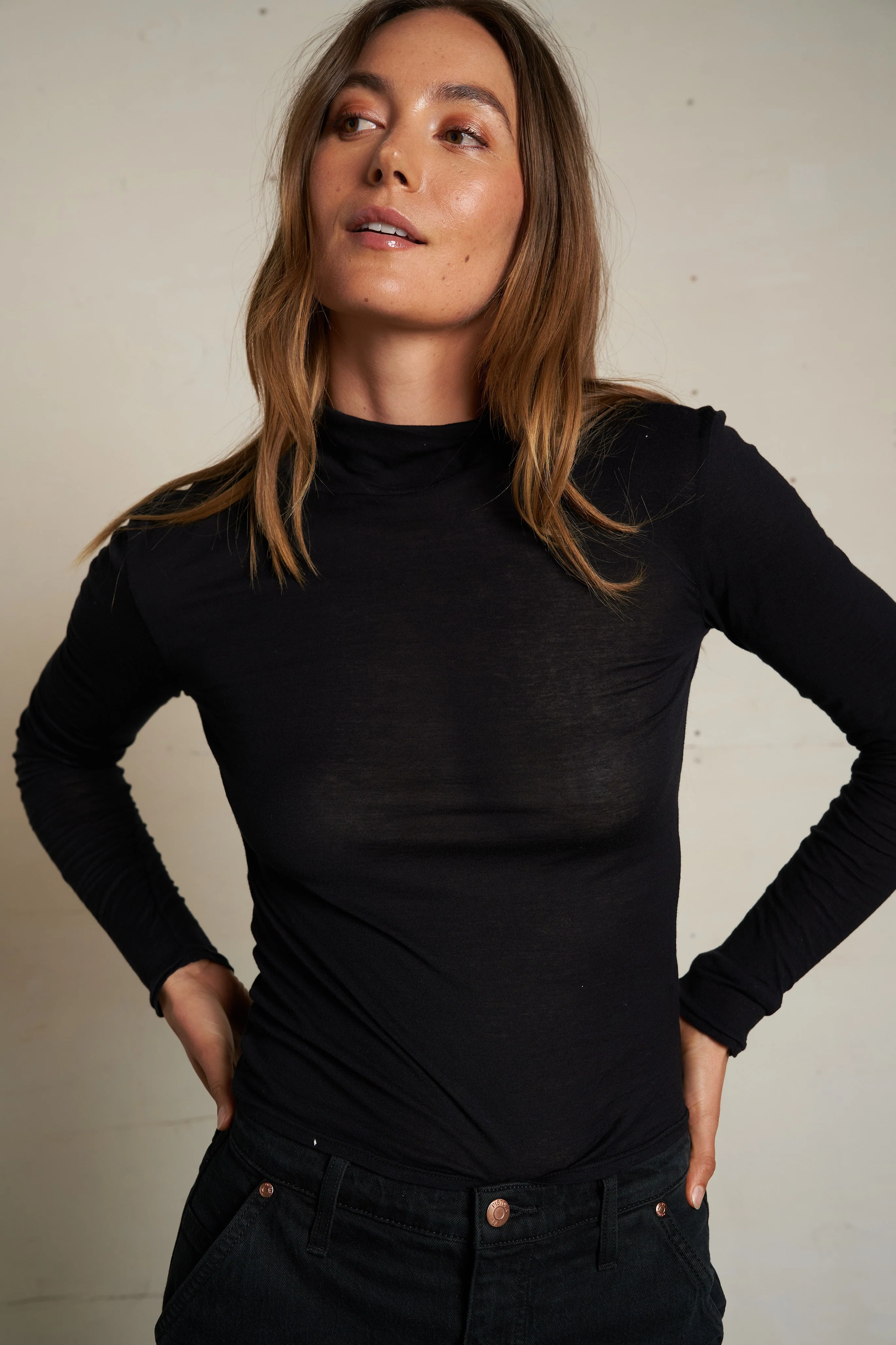 PerfectWhiteTee - Kim French Jersey Mockneck Top - True Black - Image 3