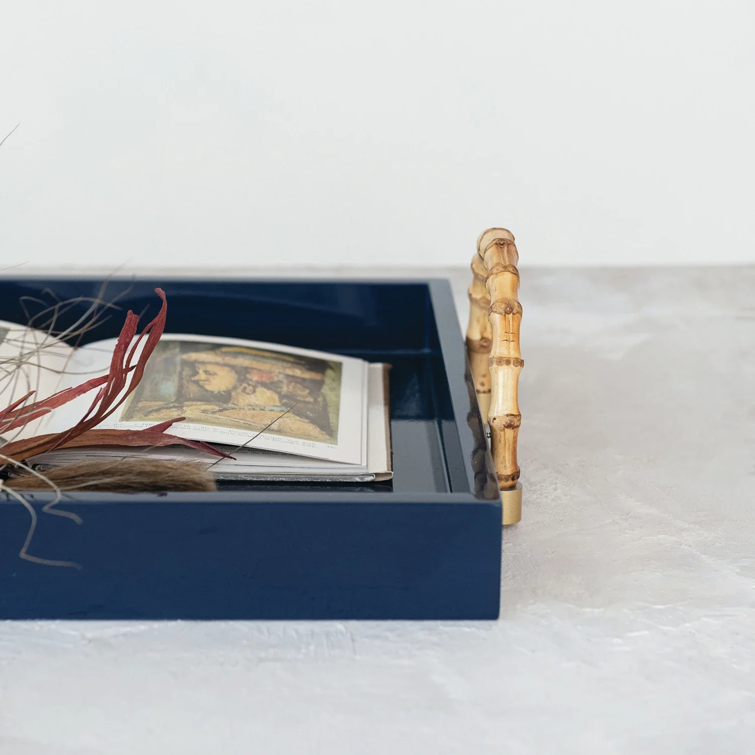 Lacquered Tray w/ Bamboo Handles & Metal Detail - Navy - Image 2
