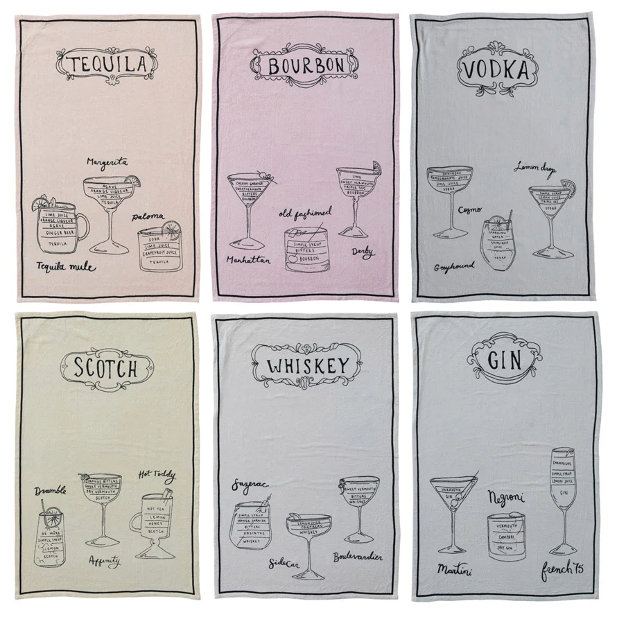 Linen Blend Tea Towel w/ Cocktail Recipes & Art