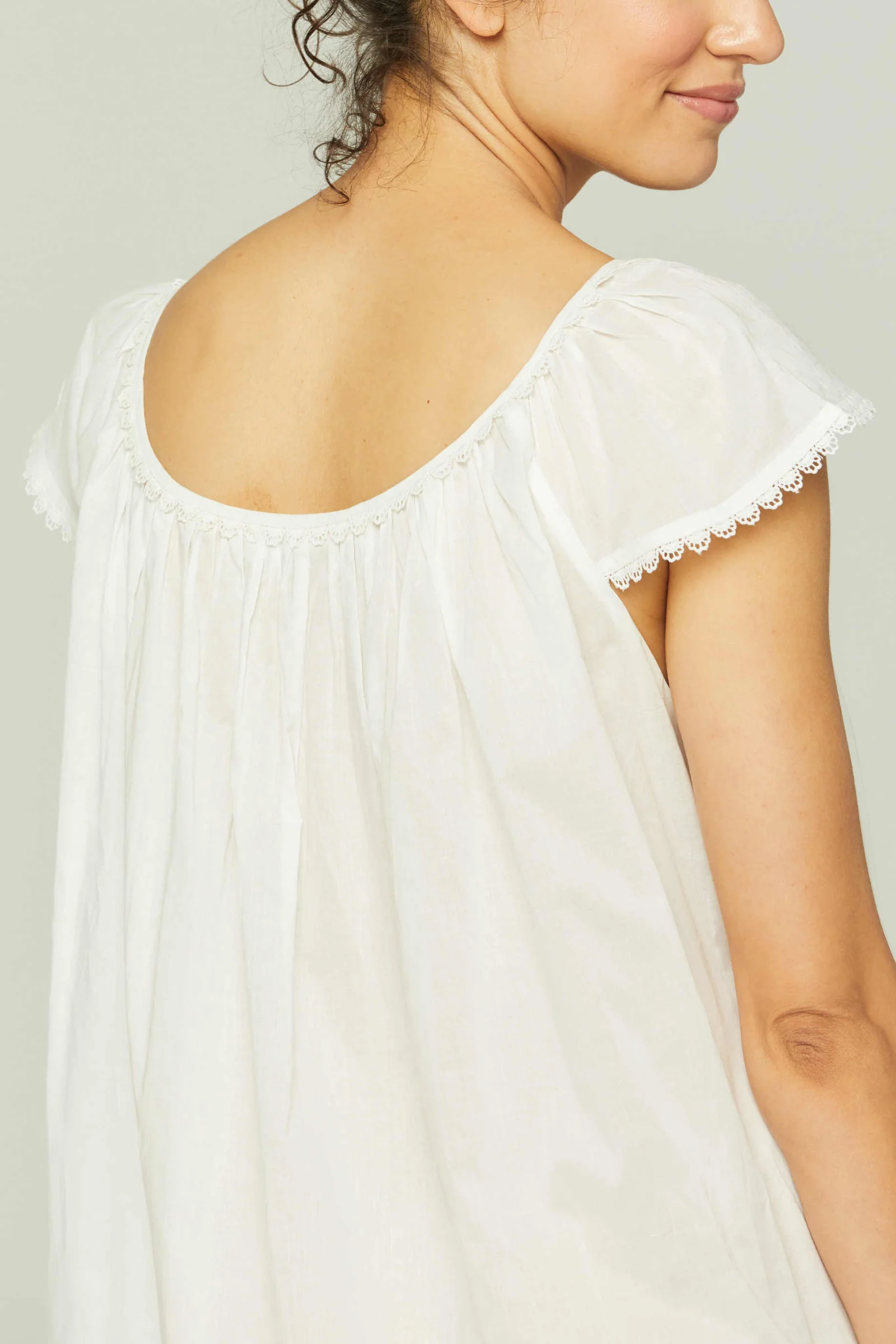 Long Cotton Nightgown with Flower Trim - White - Image 2