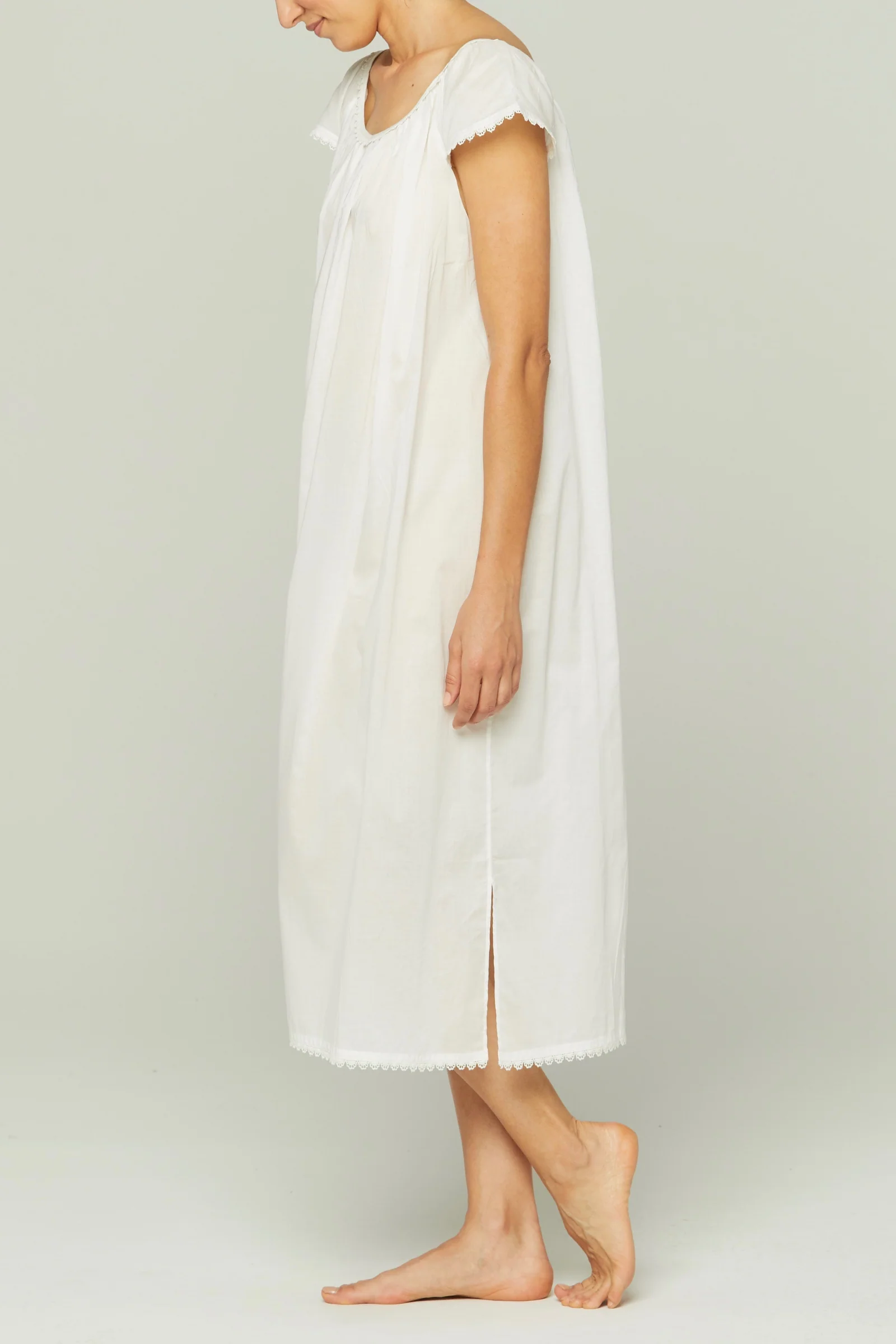 Long Cotton Nightgown with Flower Trim - White - Image 3