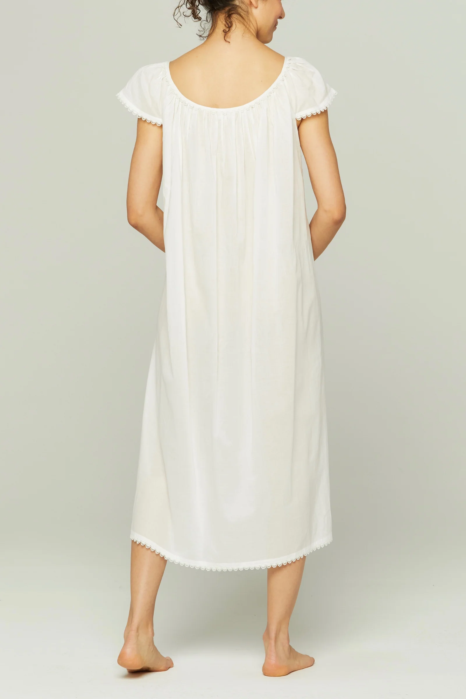 Long Cotton Nightgown with Flower Trim - White - Image 4