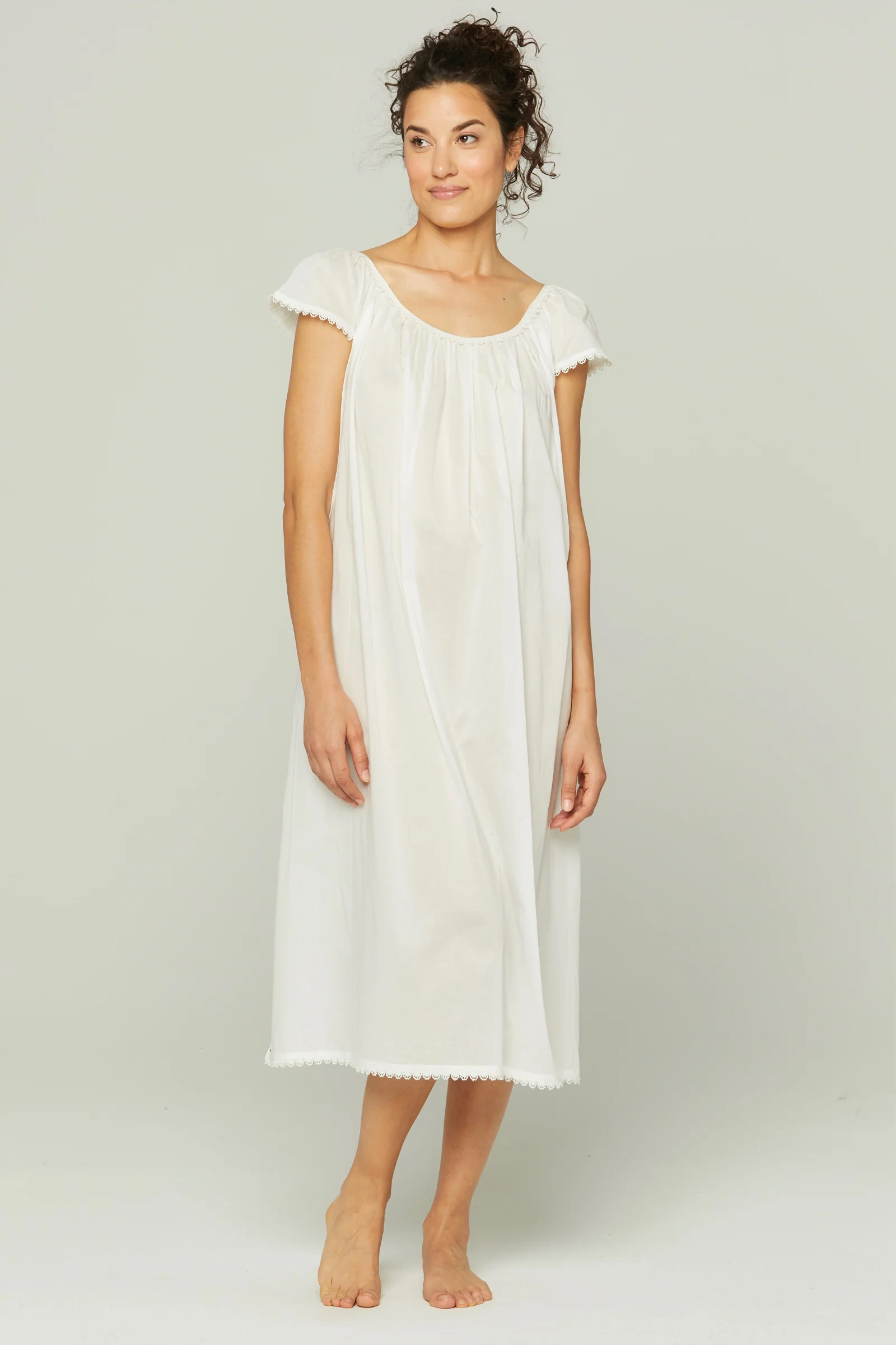 Long Cotton Nightgown with Flower Trim - White - Image 5