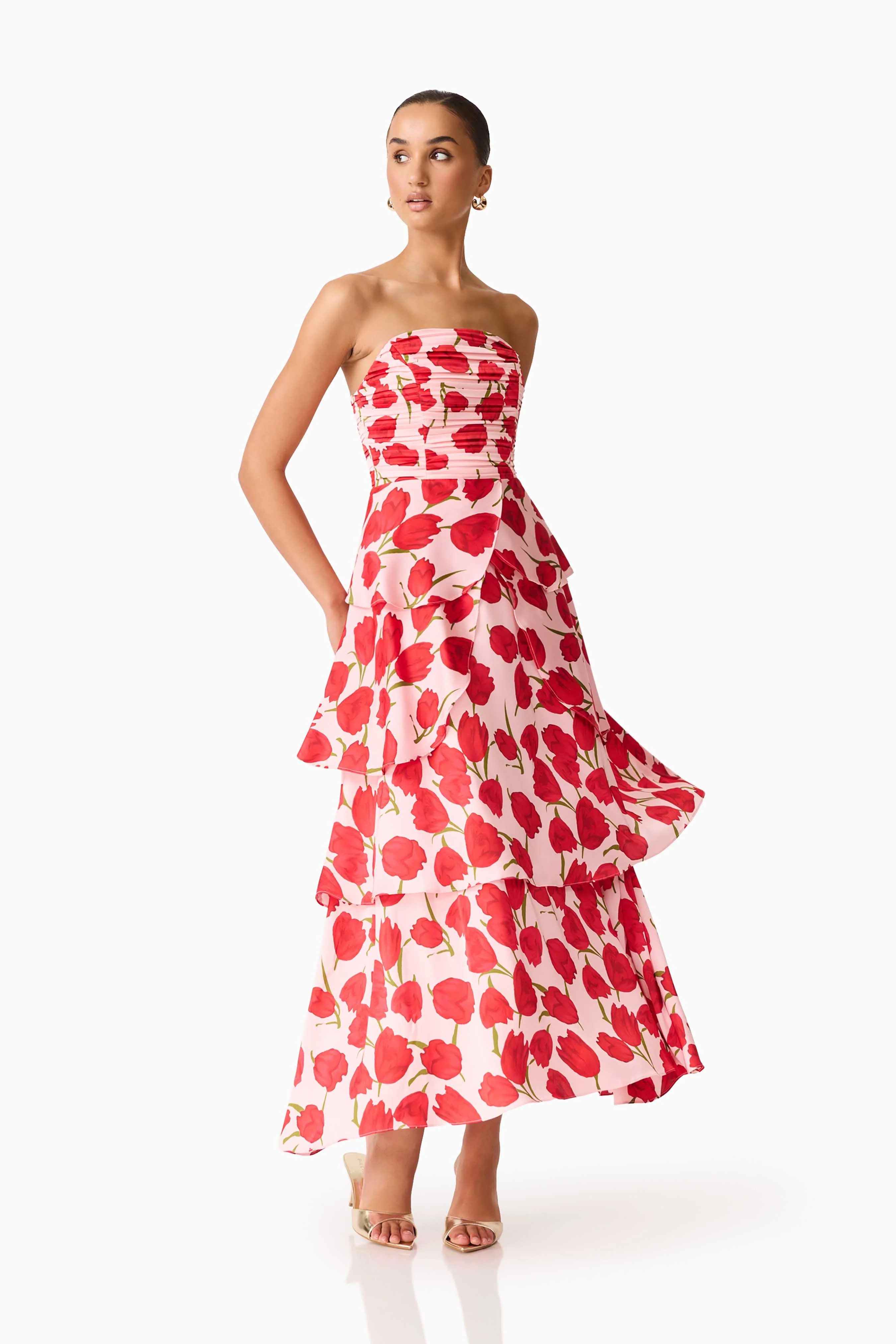 Elliatt - Melia Tiered Gown - Pink & Red Floral - Image 4