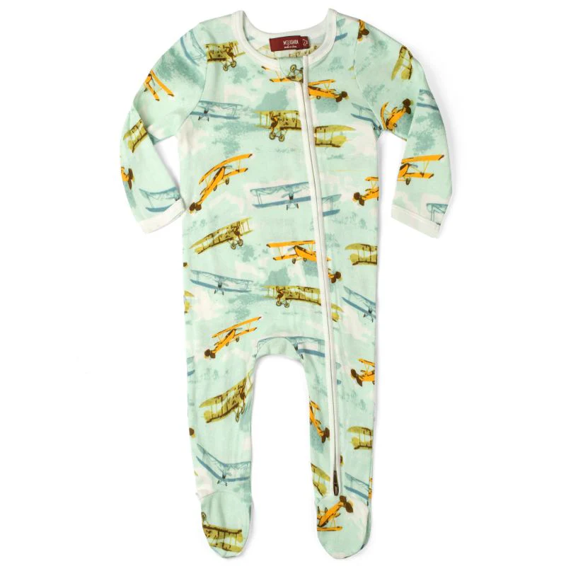 Milkbarn - Organic Cotton Footed Zip Romper - Vintage Planes