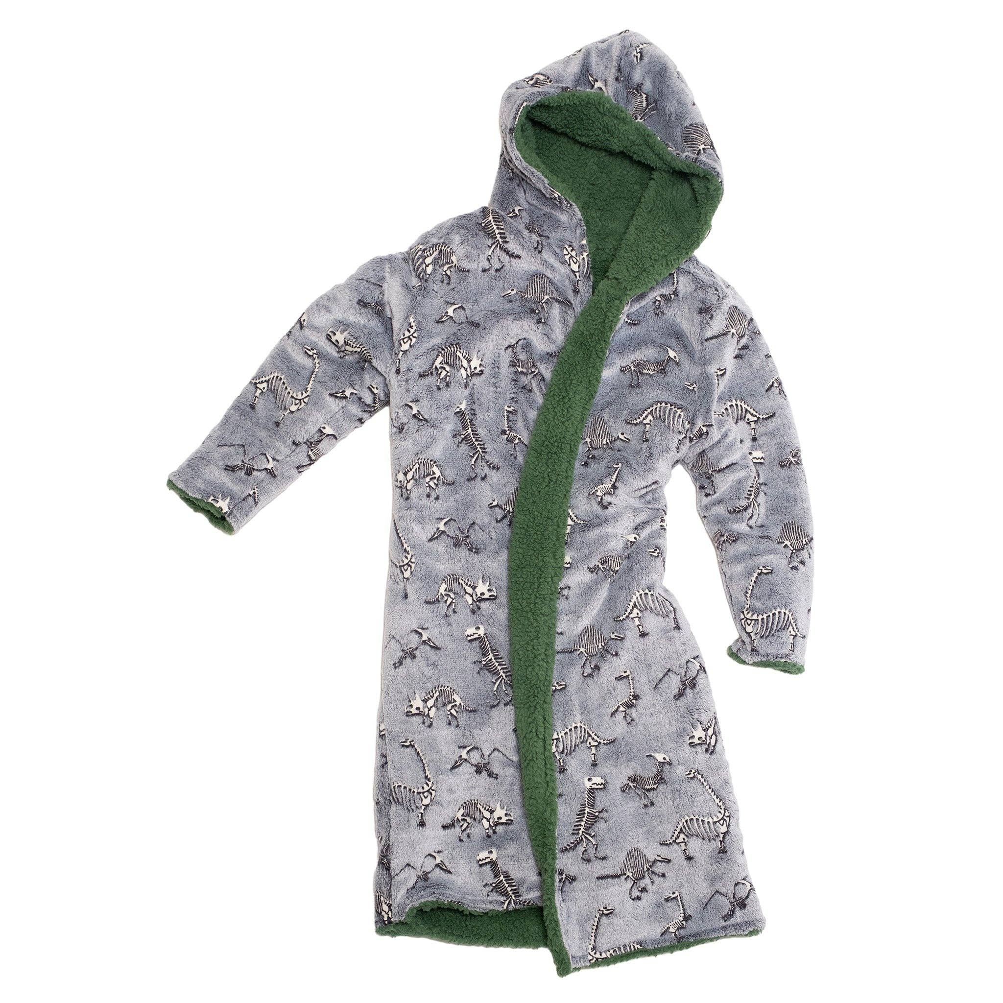 Reversible Glow-in-the-Dark & Sherpa Robe for Kids - Green Dino Bones - Image 2