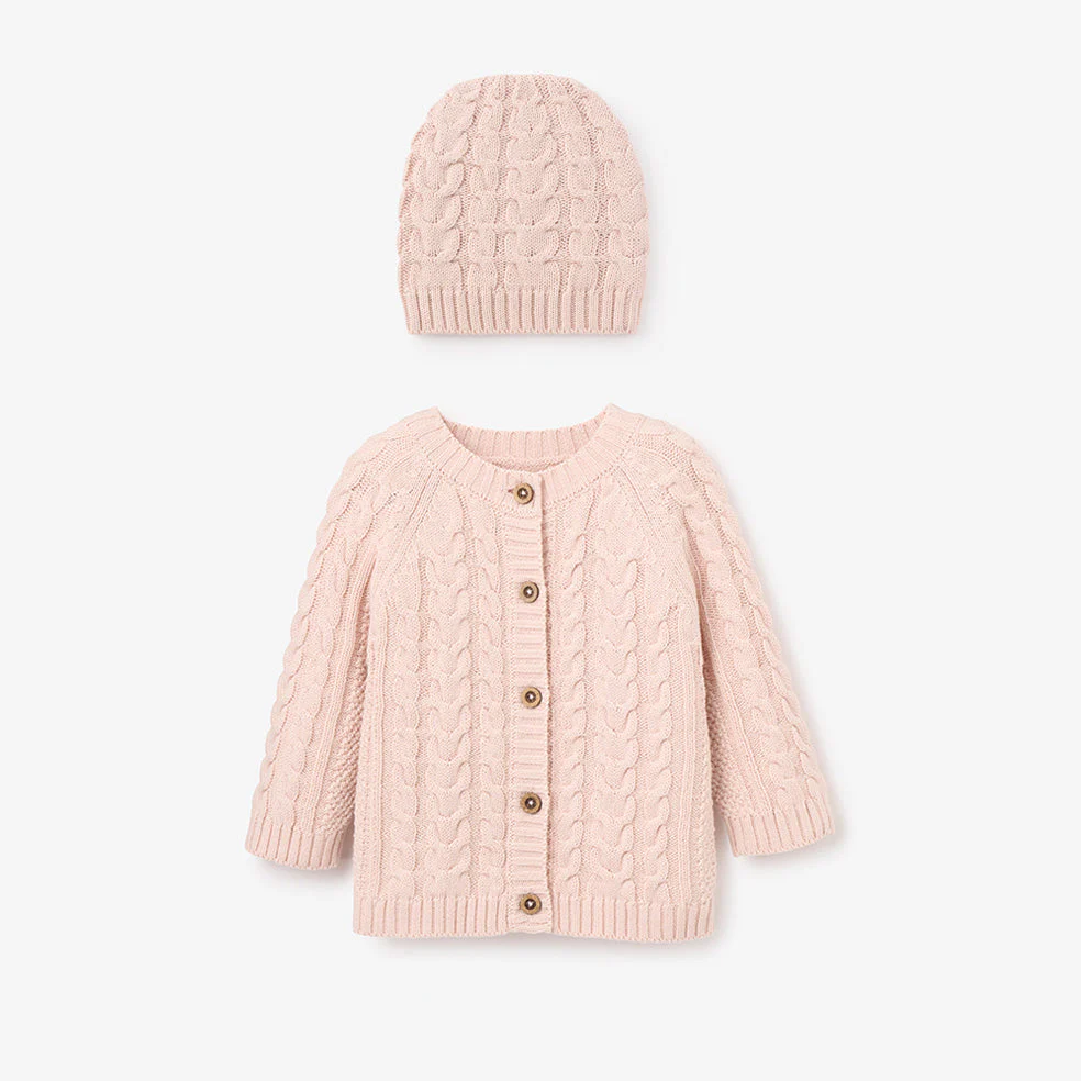 Pale Pink Horseshoe Cable Knit Cardigan & Hat Baby Boxed Gift Set - Image 2