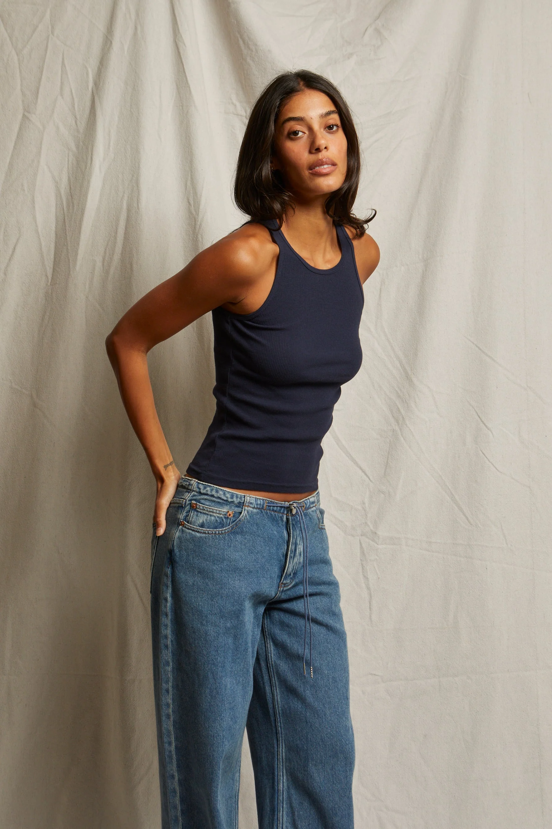 PerfectWhiteTee - Kravitz Fine Rib High Neck Binded Tank - Navy