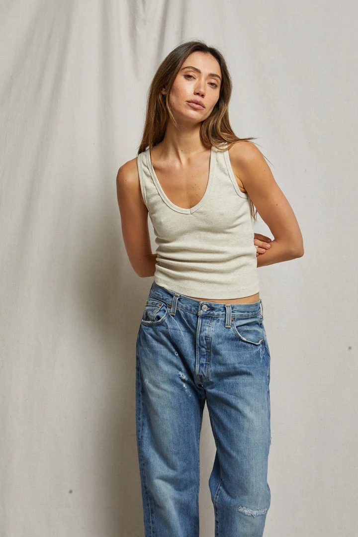 PerfectWhiteTee - Maria Structured Rib V-Neck Tank - Oatmeal
