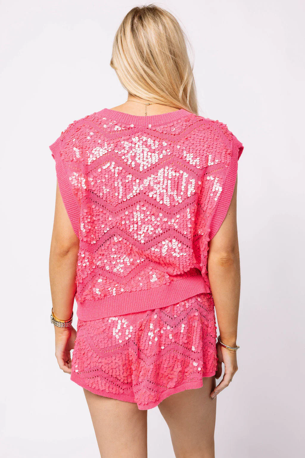 Queen of Sparkles - Full Sequin Zig Zag Shorts - Neon Pink - Image 3