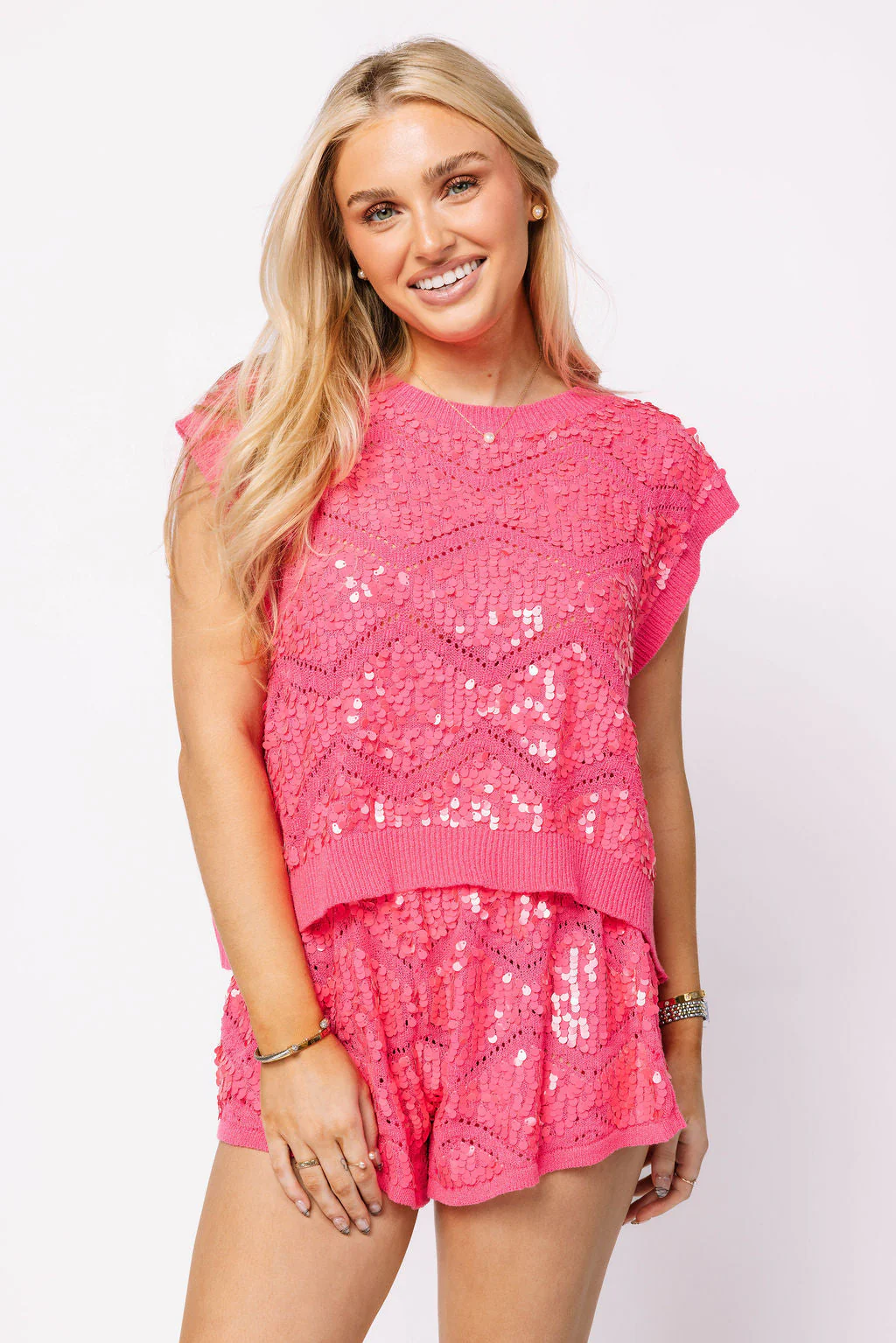 Queen of Sparkles - Full Sequin Zig Zag Shorts - Neon Pink - Image 5