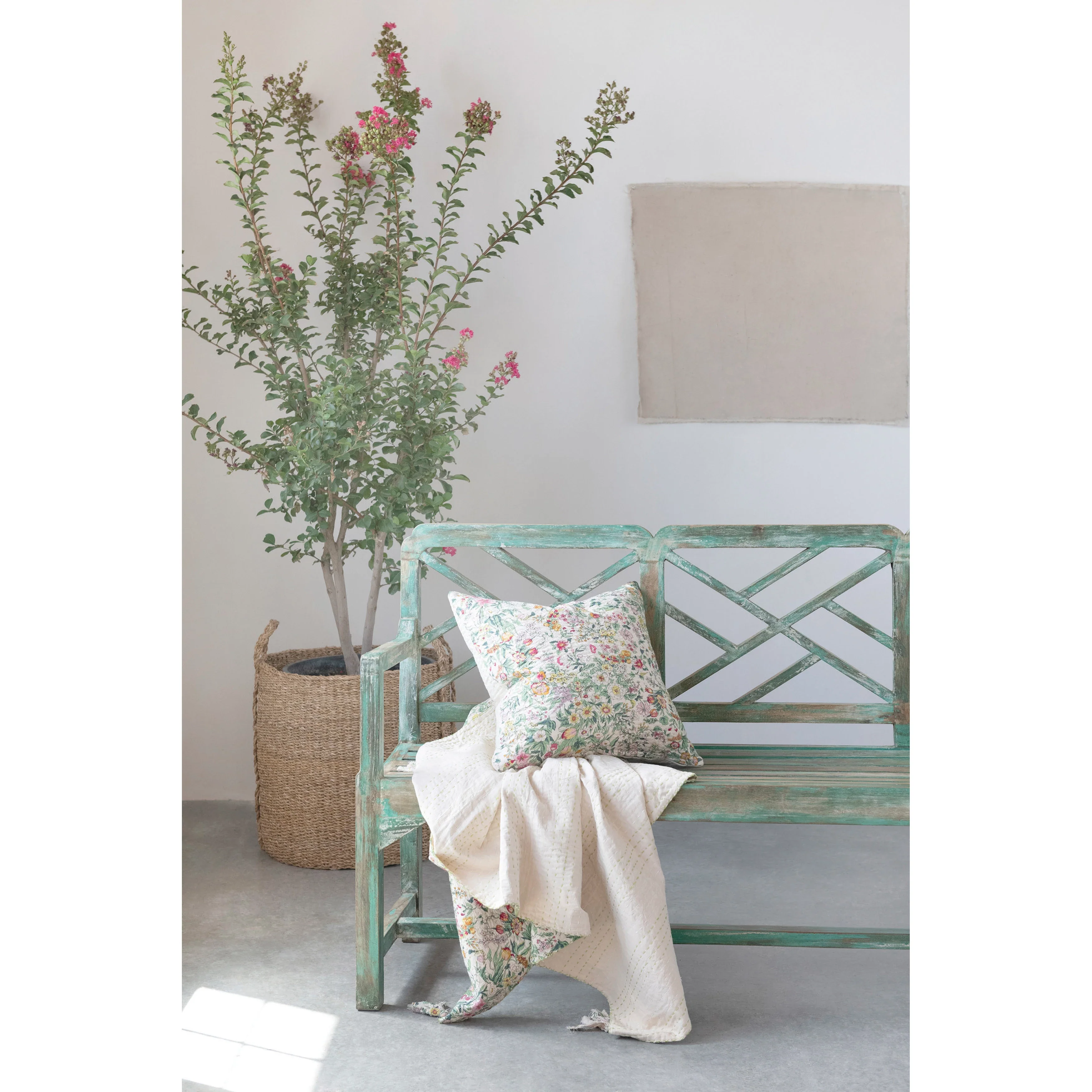 Quilted Cotton Throw with Floral Pattern, Kantha Stitch and Tassels - Image 2