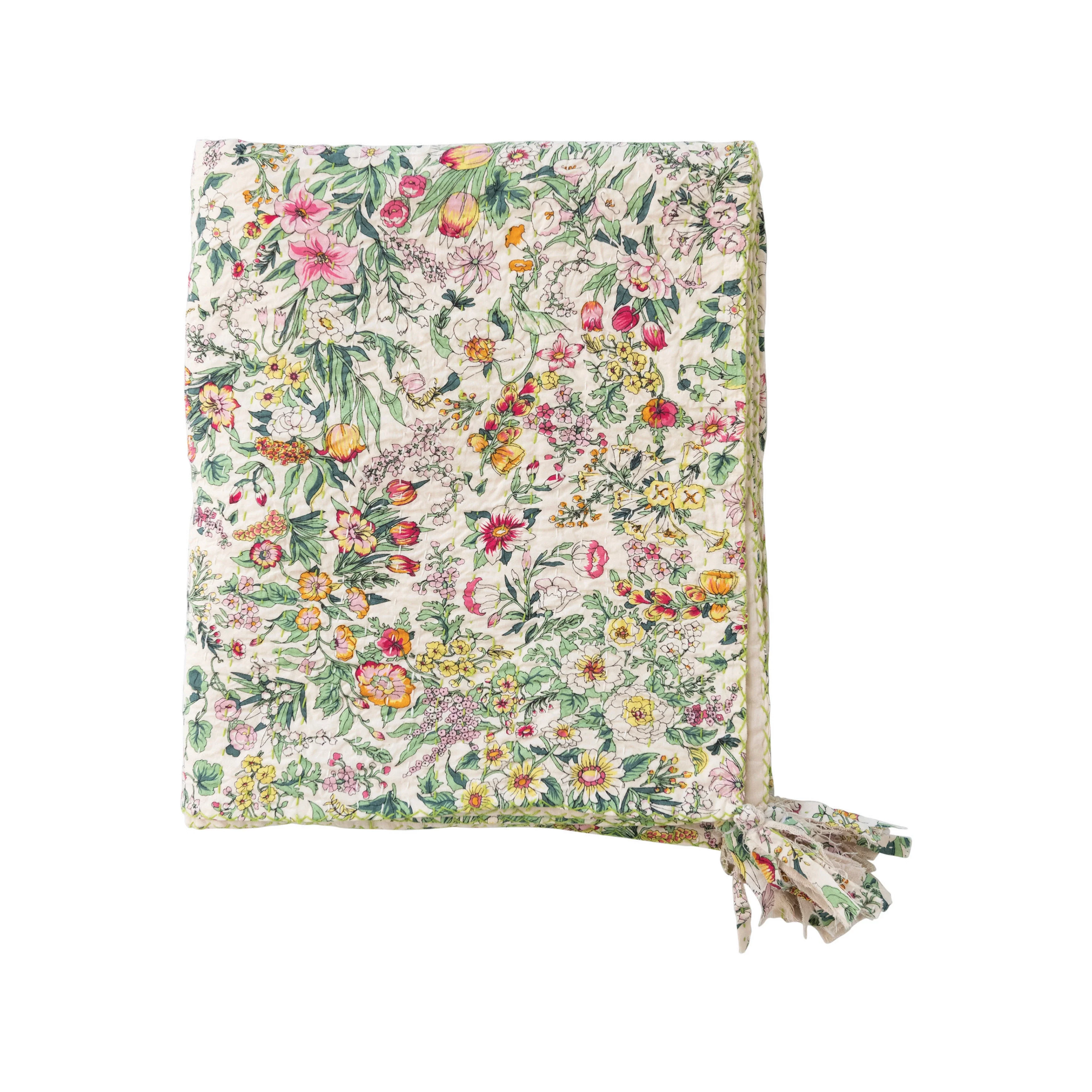 Quilted Cotton Throw with Floral Pattern, Kantha Stitch and Tassels - Image 3