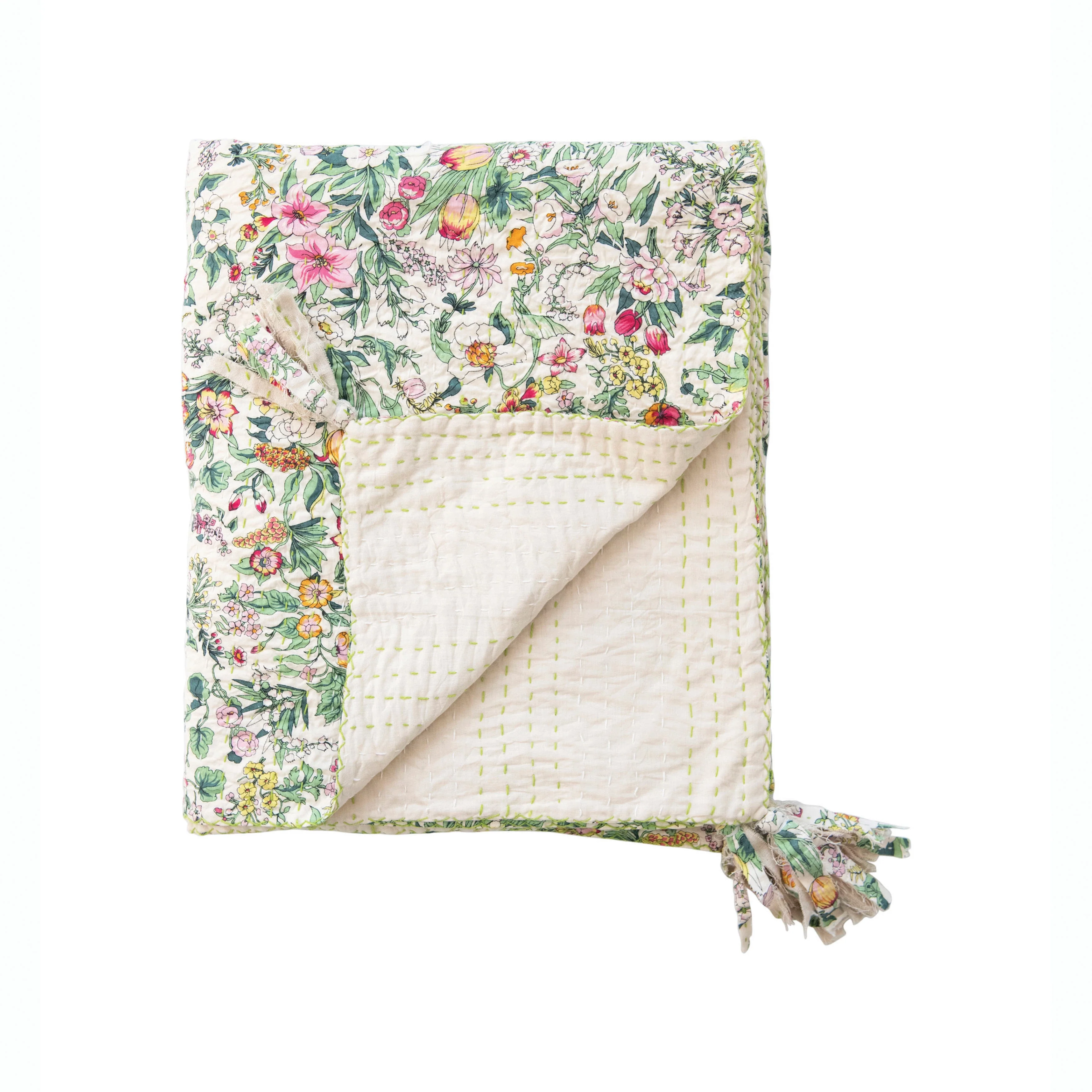 Quilted Cotton Throw with Floral Pattern, Kantha Stitch and Tassels - Image 4
