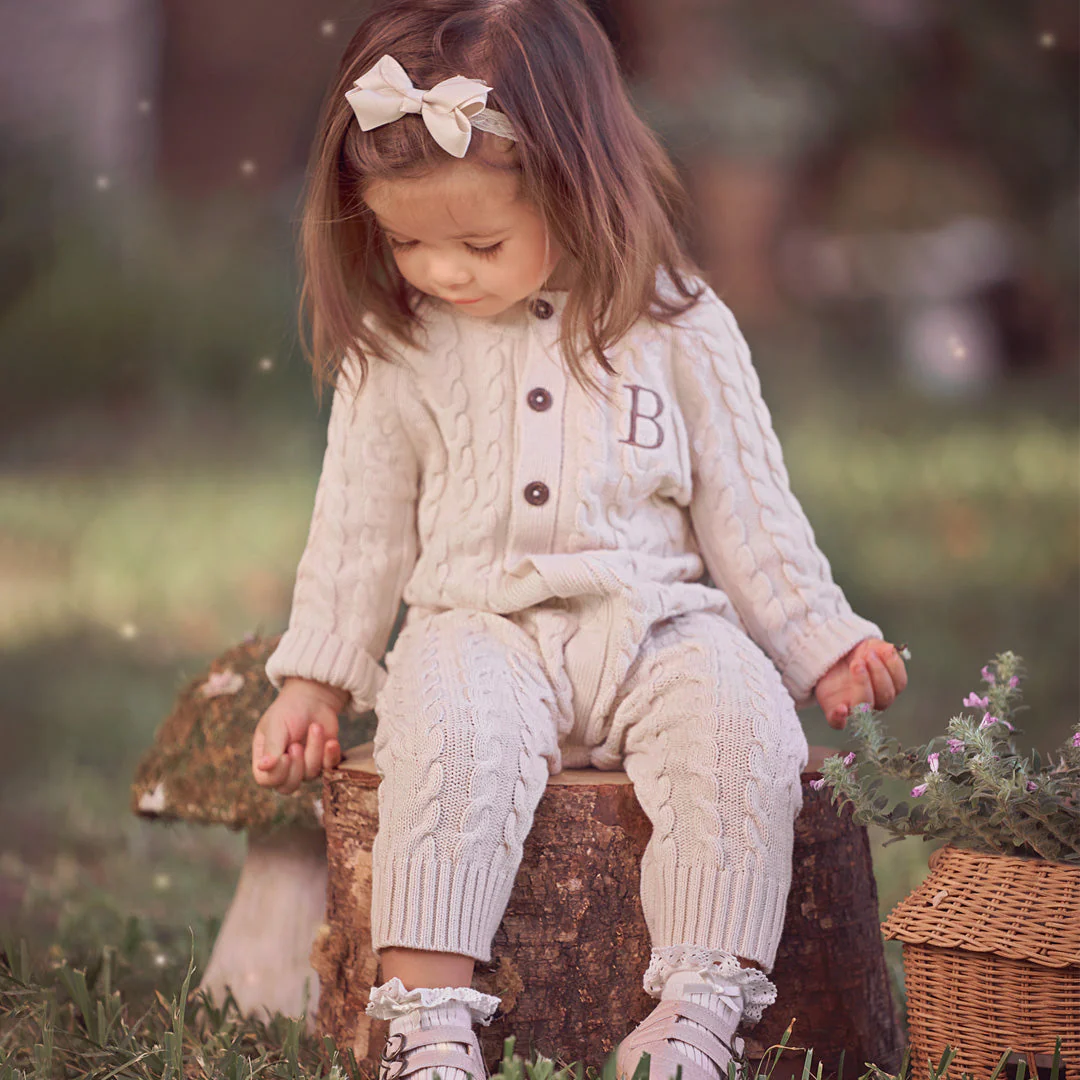 Wheat Horseshoe Cable Knit Baby Jumpsuit - Image 2