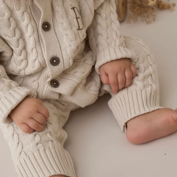 Wheat Horseshoe Cable Knit Baby Jumpsuit - Image 3