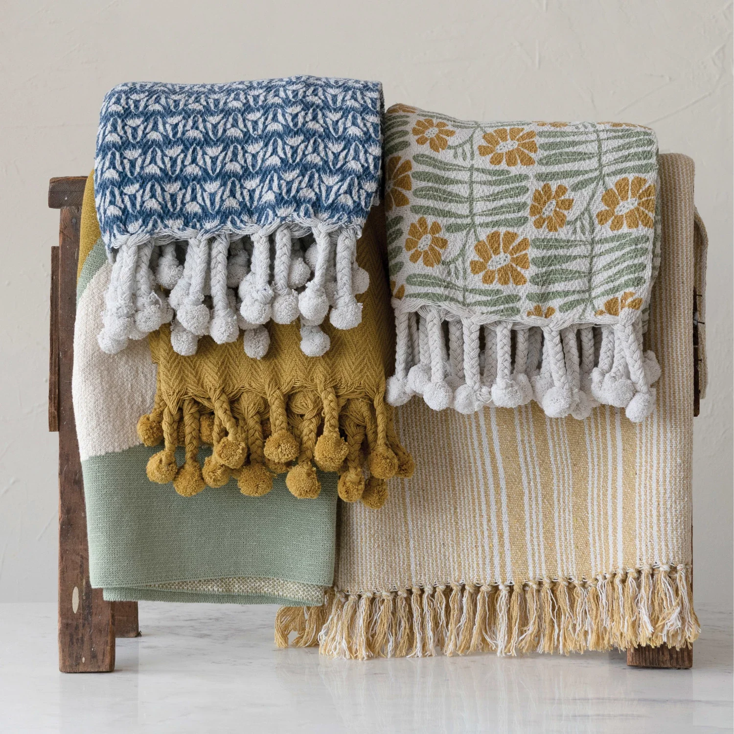 Recycled Cotton Blend Printed Throw w/ Braided Pom Pom Tassels - Image 3