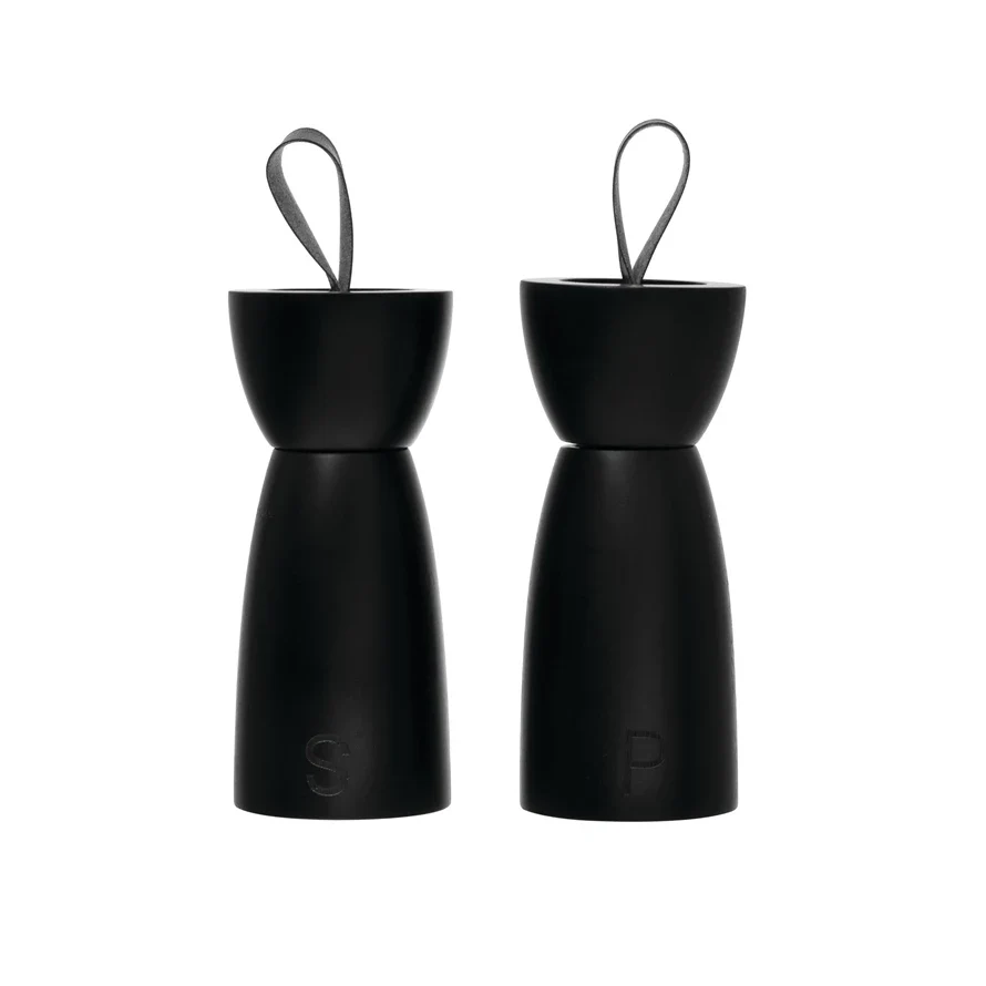 Rubberwood Salt & Pepper Mills w/ Leather Tabs, Black, Set of 2