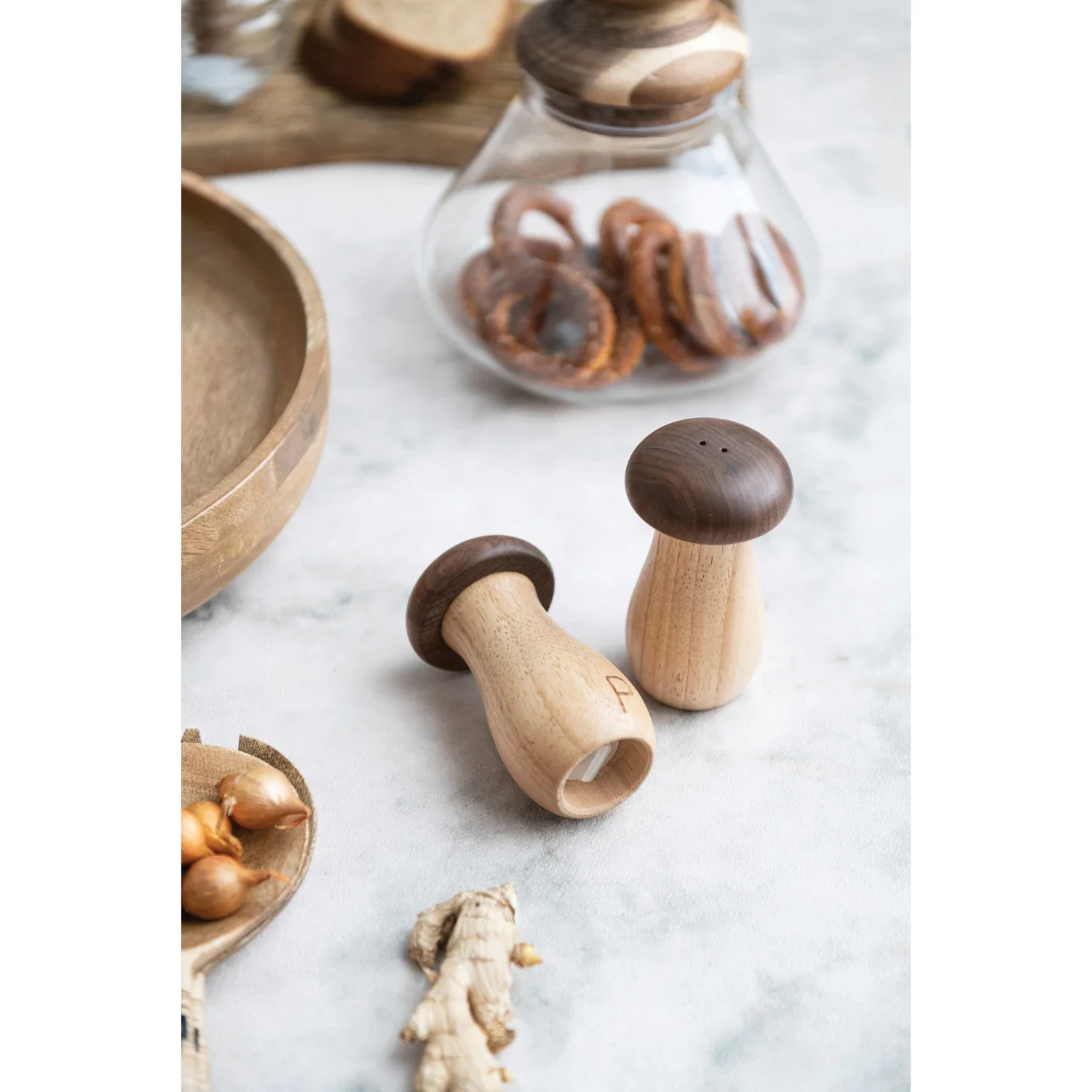 Rubberwood & Walnut Mushroom Shaped Salt & Pepper Shakers, Natural, Set of 2 - Image 2