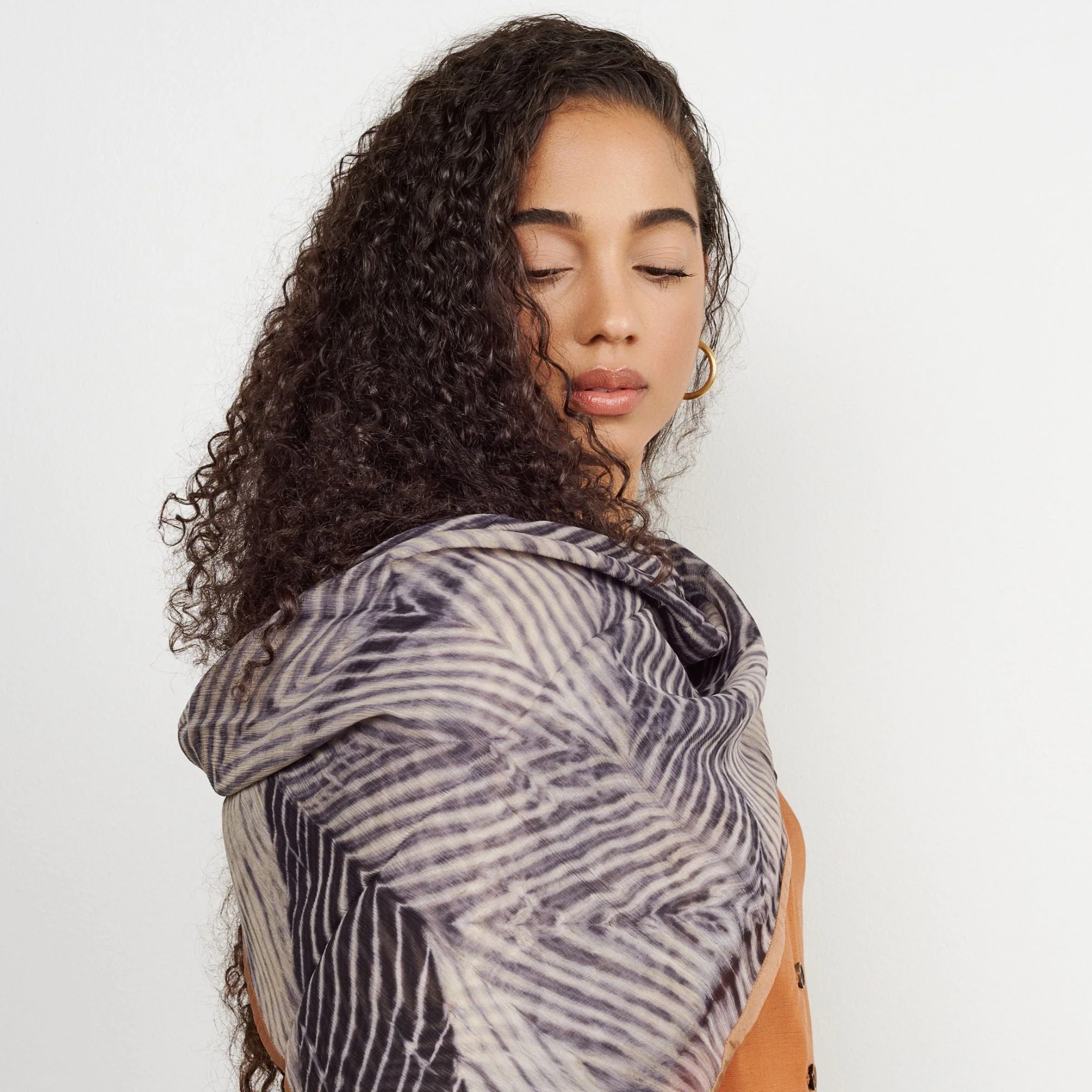 Samu Black Hand Crafted  Shibori Print Silk Chiffon Sqaure Scarf - Image 12